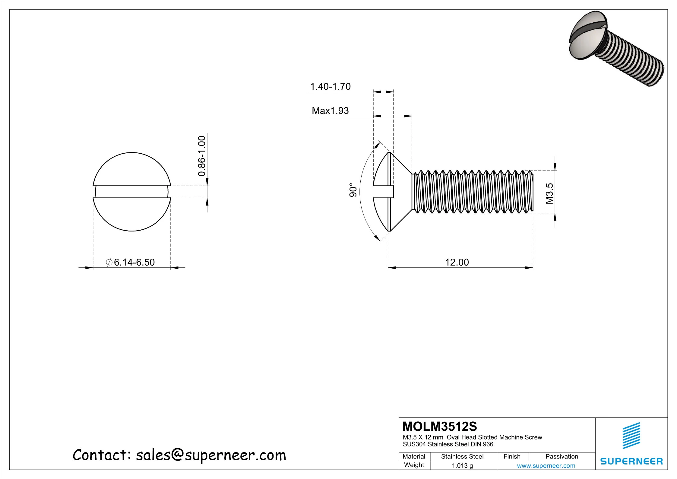 M3.5 x 12 mm Oval Head Slotted Machine Screw SUS304 Stainless Steel Inox DIN 964