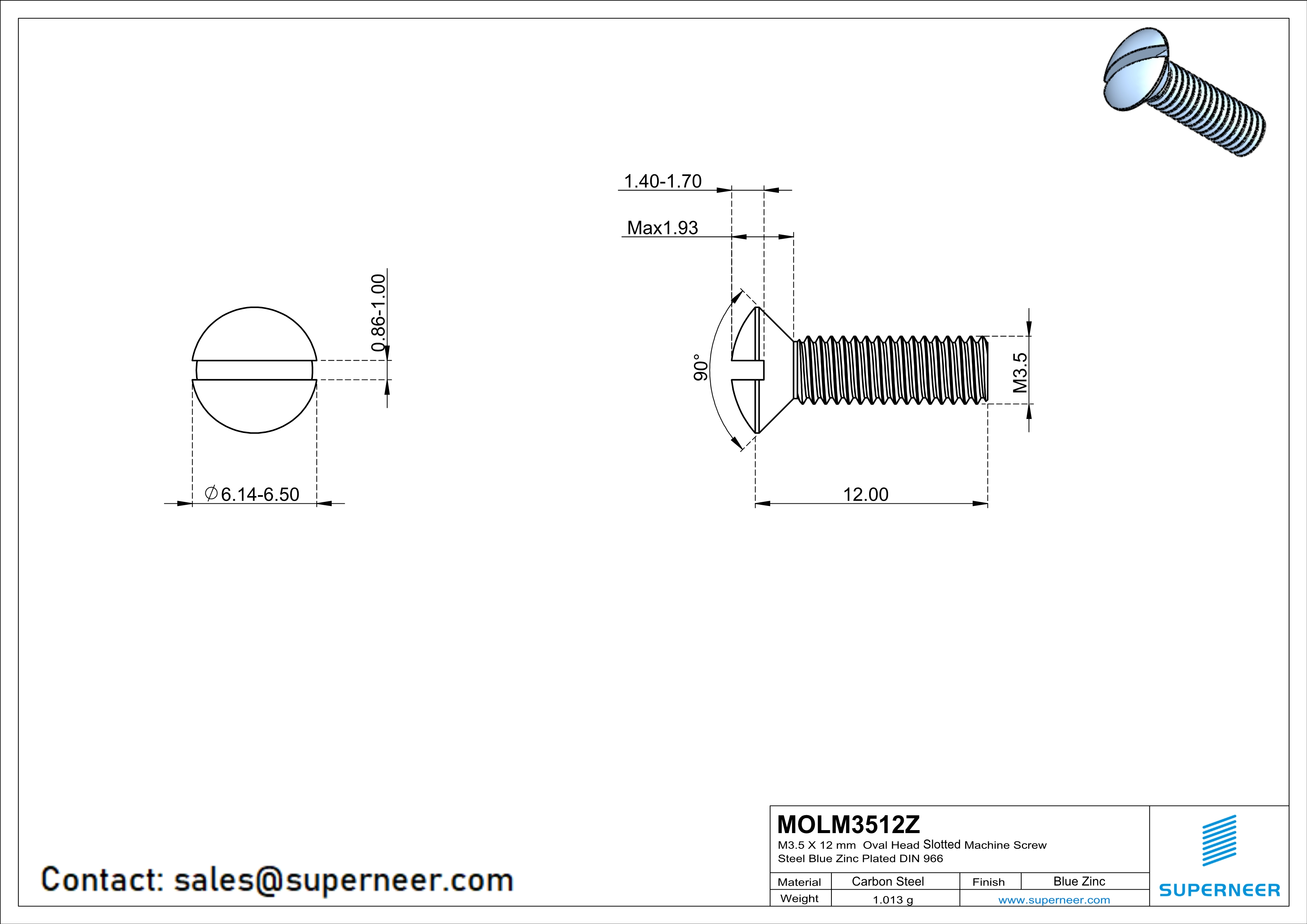 M3.5 x 12 mm Oval Head Slotted Machine Screw Steel Blue Zinc Plated DIN 964