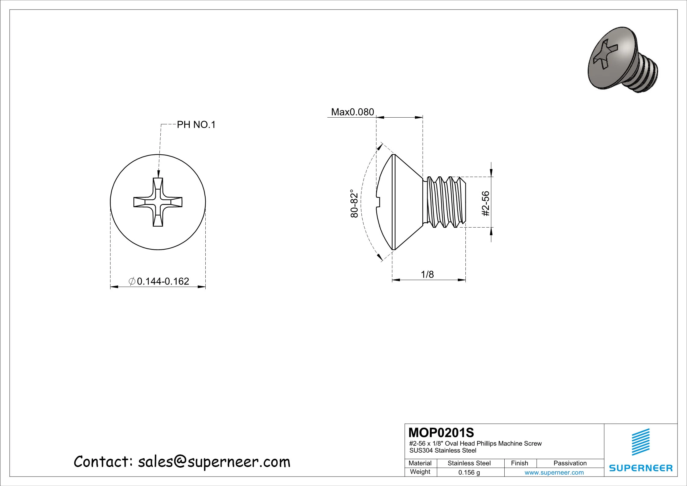 2-56 x 1/8" Oval Head Phillips Machine Screw SUS304 Stainless Steel Inox