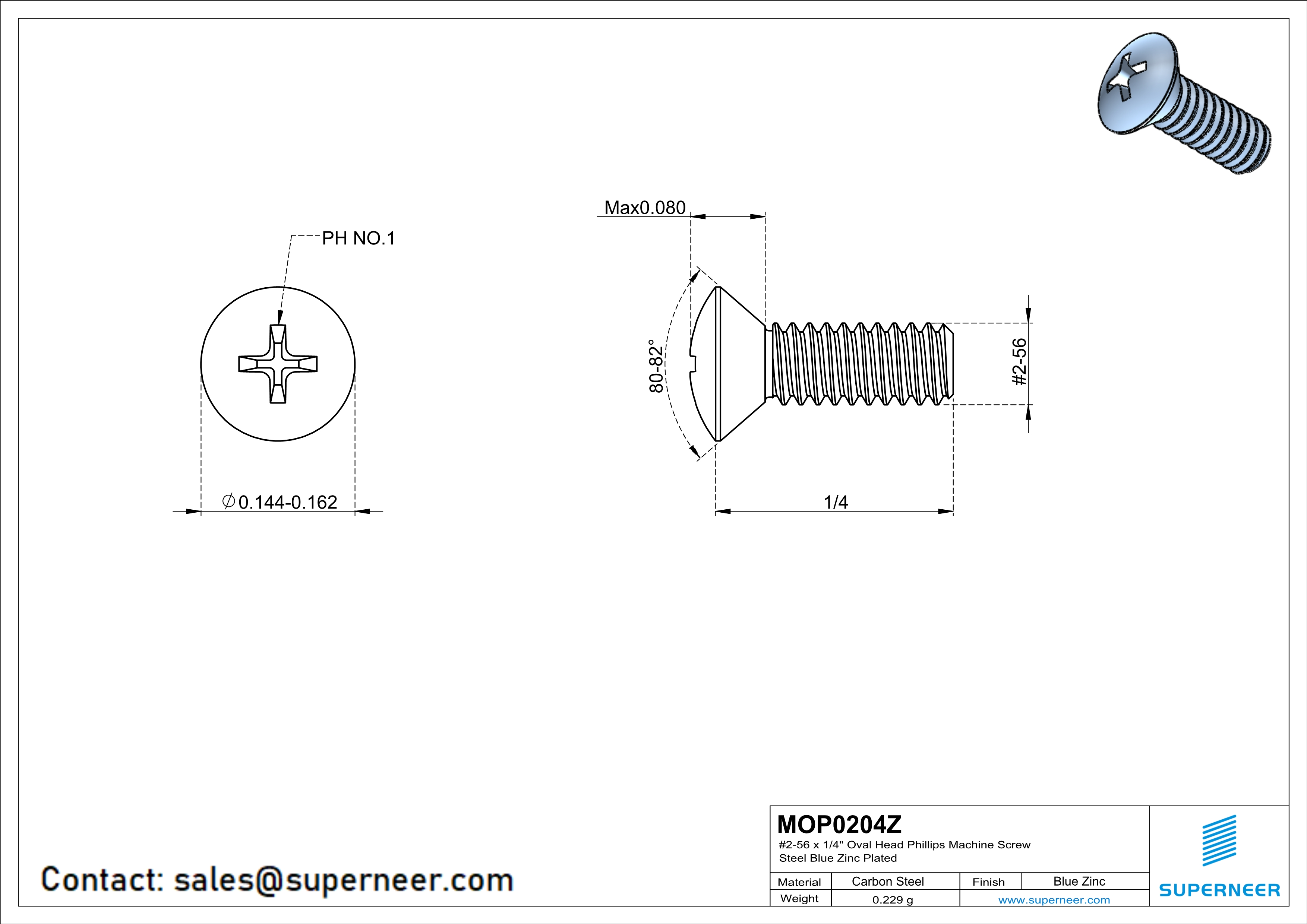 2-56 x 1/4" Oval Head Phillips Machine Screw Steel Blue Zinc Plated