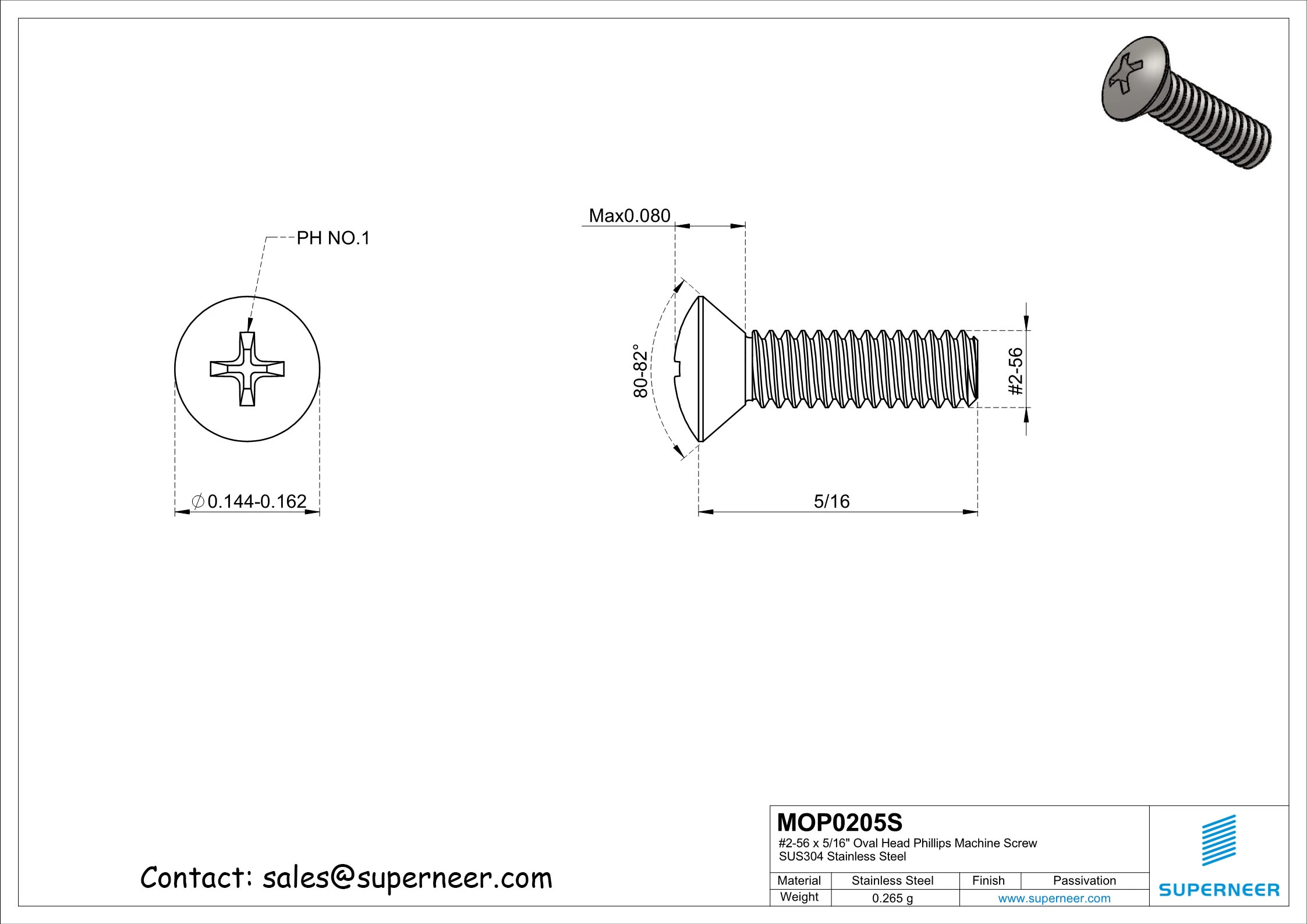 2-56 x 5/16" Oval Head Phillips Machine Screw SUS304 Stainless Steel Inox