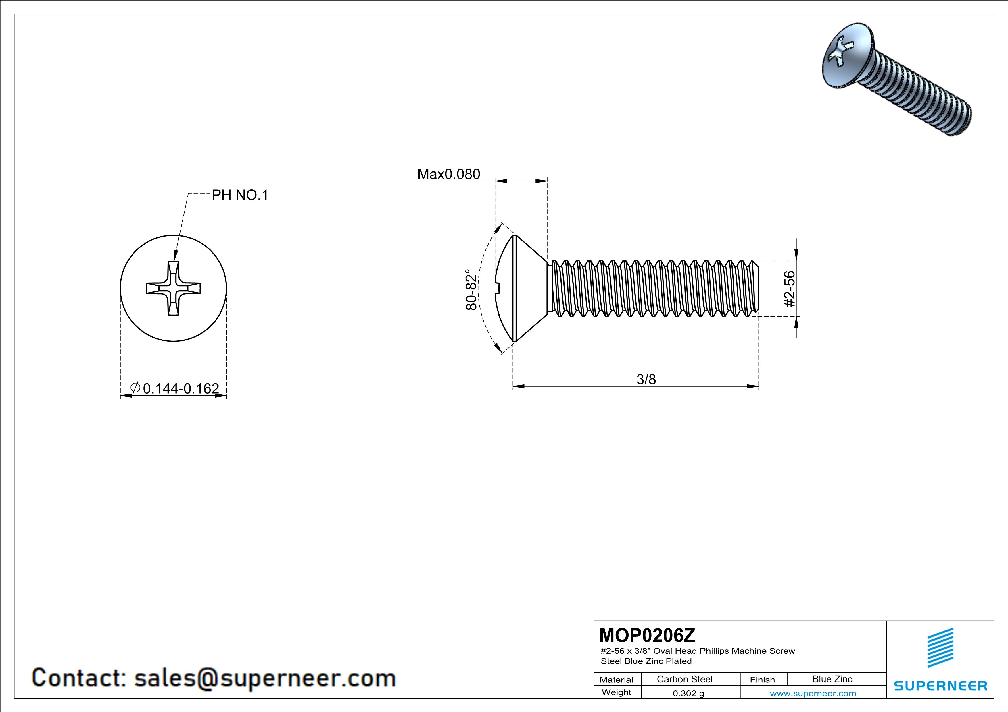 2-56 x 3/8" Oval Head Phillips Machine Screw Steel Blue Zinc Plated