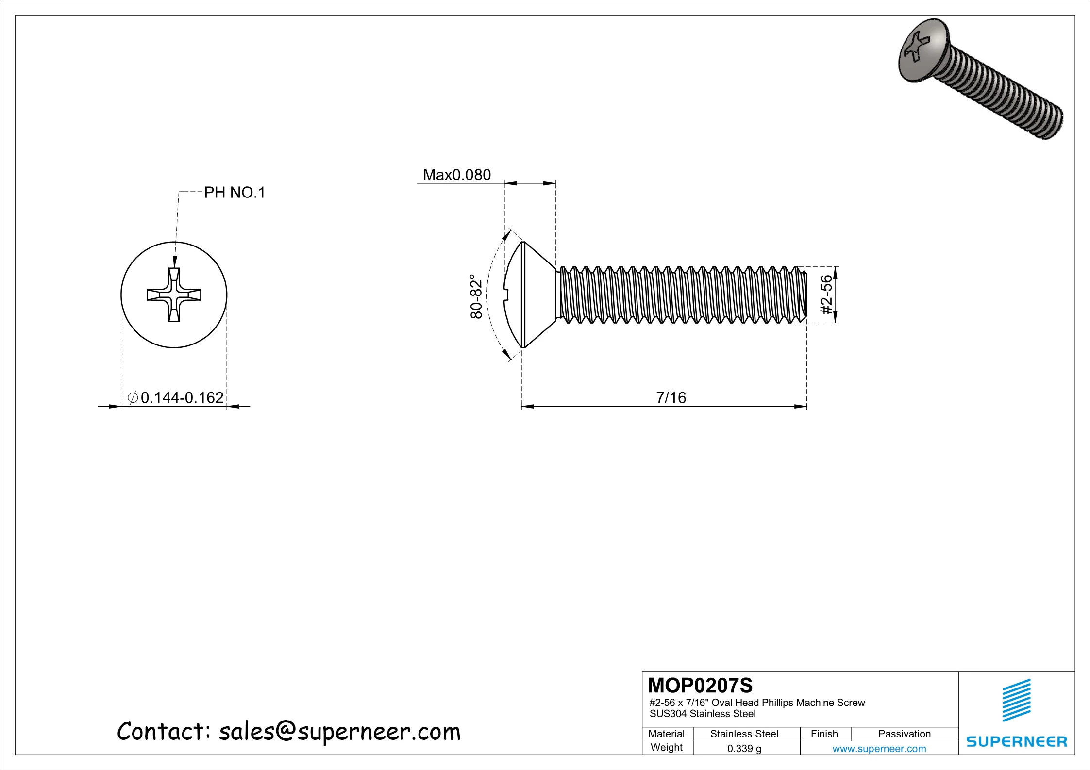 2-56 x 7/16" Oval Head Phillips Machine Screw SUS304 Stainless Steel Inox