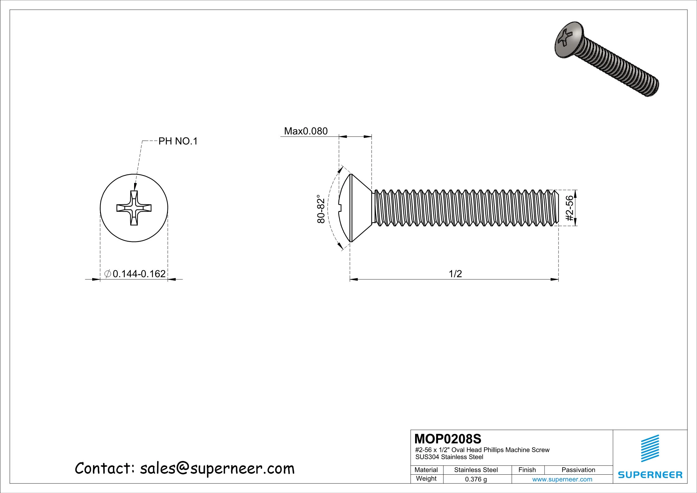 2-56 x 1/2" Oval Head Phillips Machine Screw SUS304 Stainless Steel Inox