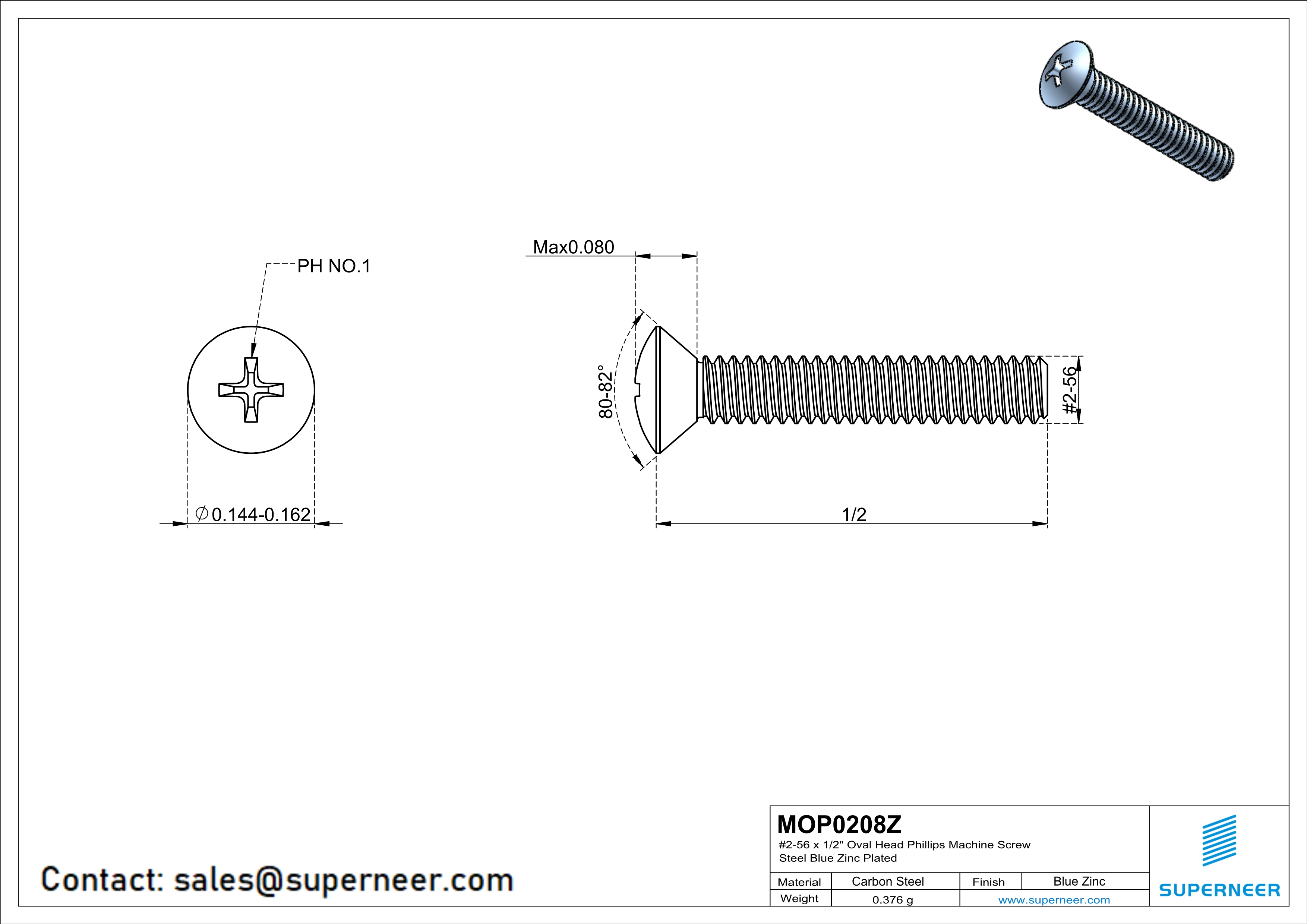 2-56 x 1/2" Oval Head Phillips Machine Screw Steel Blue Zinc Plated