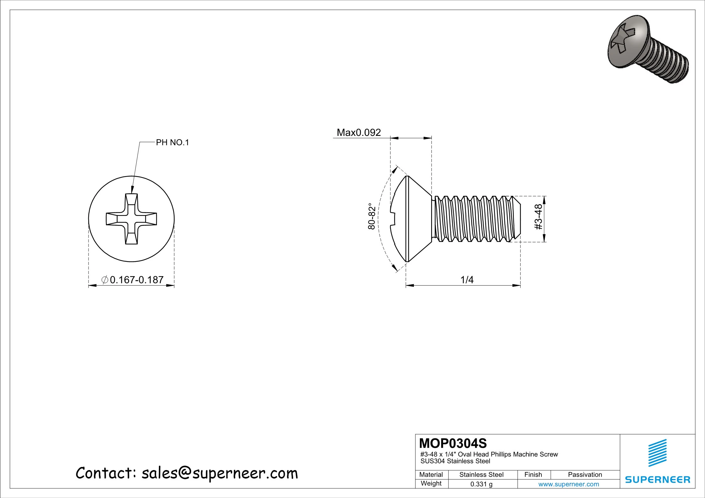 3-48 x 1/4" Oval Head Phillips Machine Screw SUS304 Stainless Steel Inox