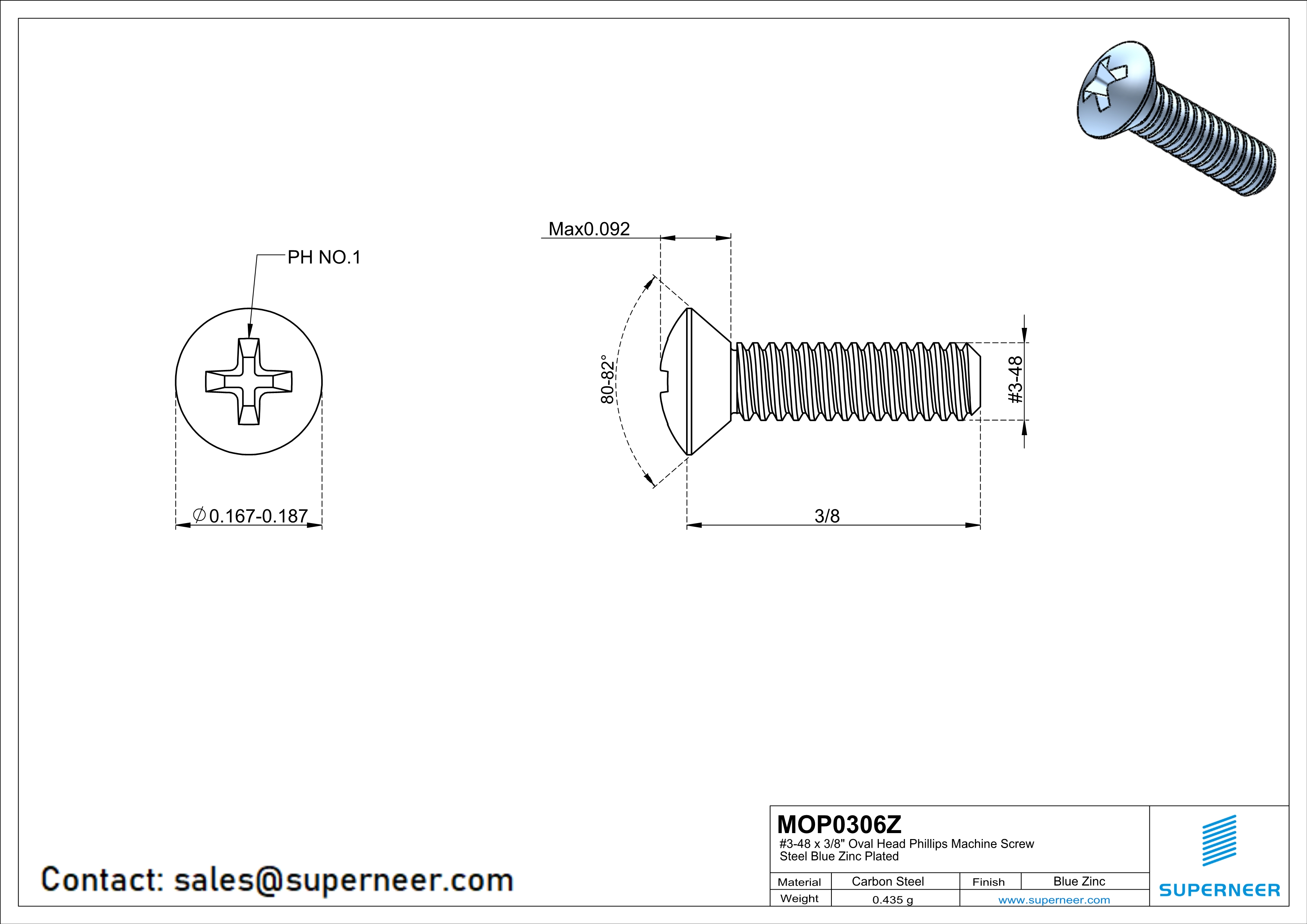 3-48 x 3/8" Oval Head Phillips Machine Screw Steel Blue Zinc Plated