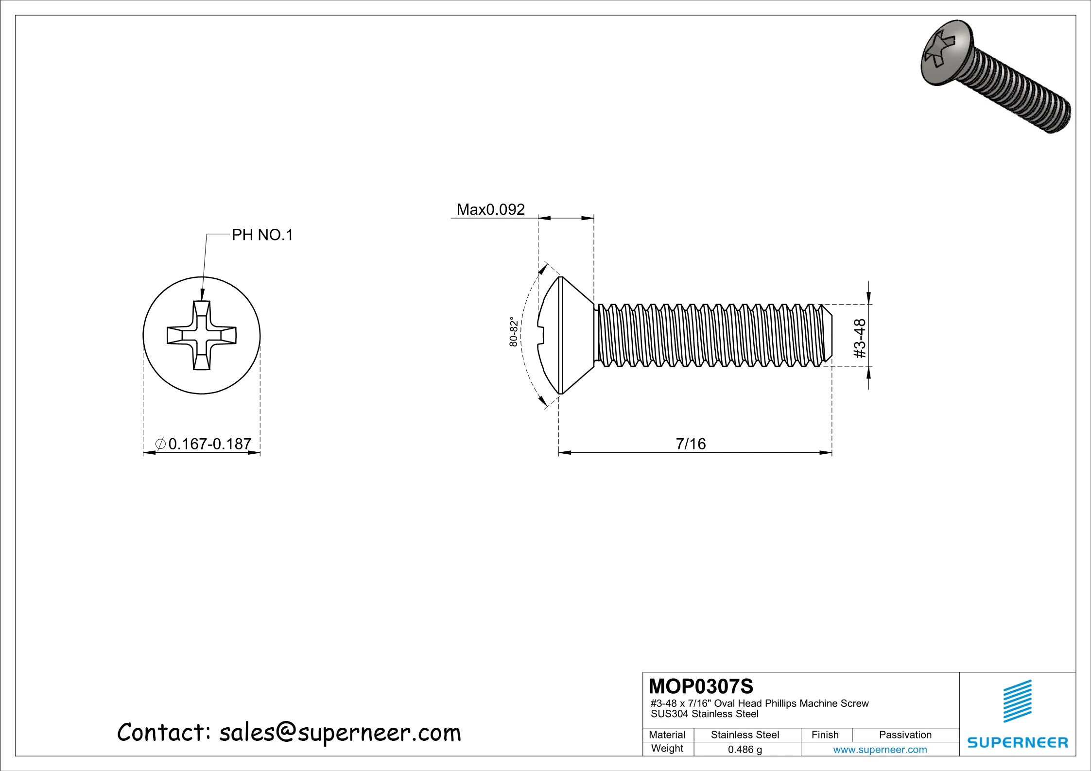 3-48 x 7/16" Oval Head Phillips Machine Screw SUS304 Stainless Steel Inox