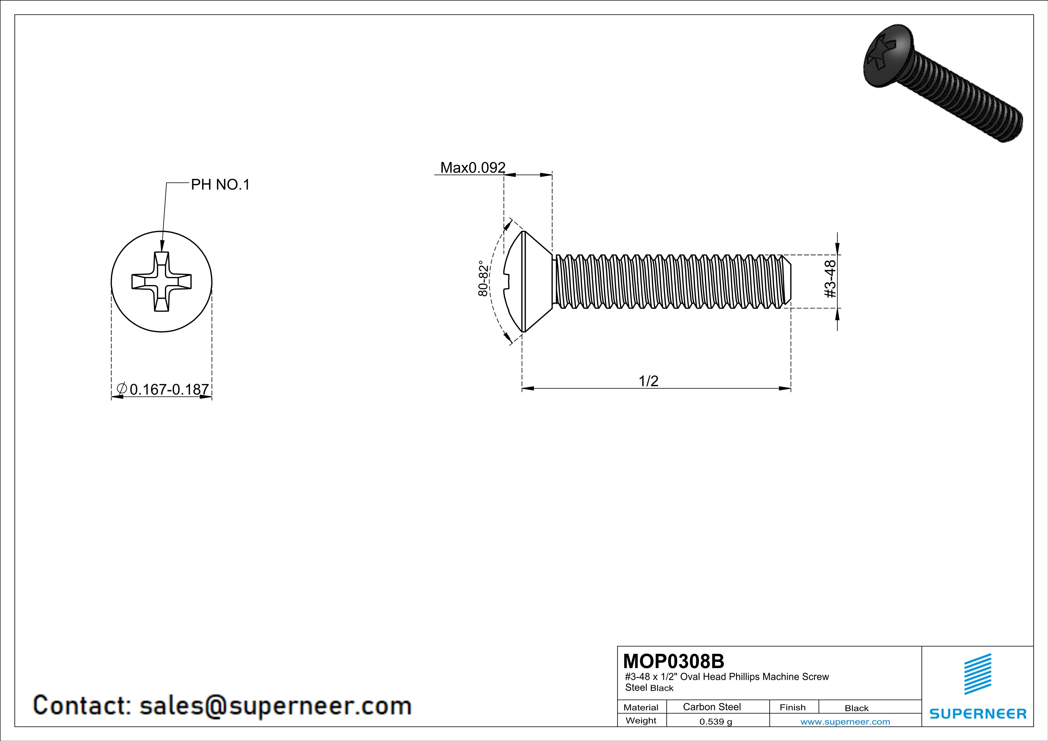 3-48 x 1/2" Oval Head Phillips Machine Screw Steel Black