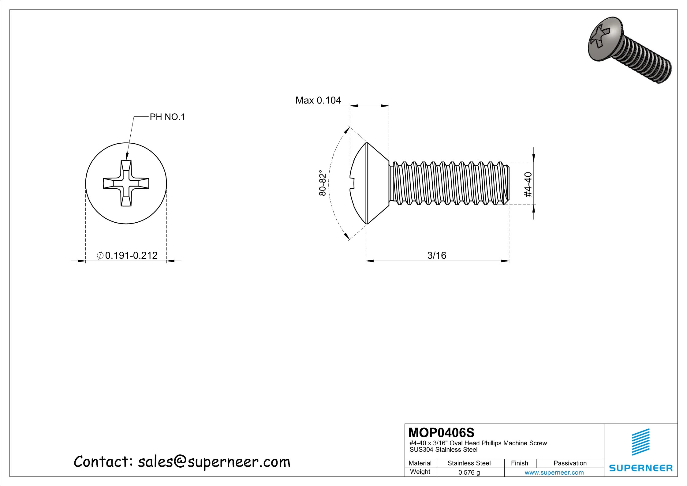 4-40 x 3/8" Oval Head Phillips Machine Screw SUS304 Stainless Steel Inox