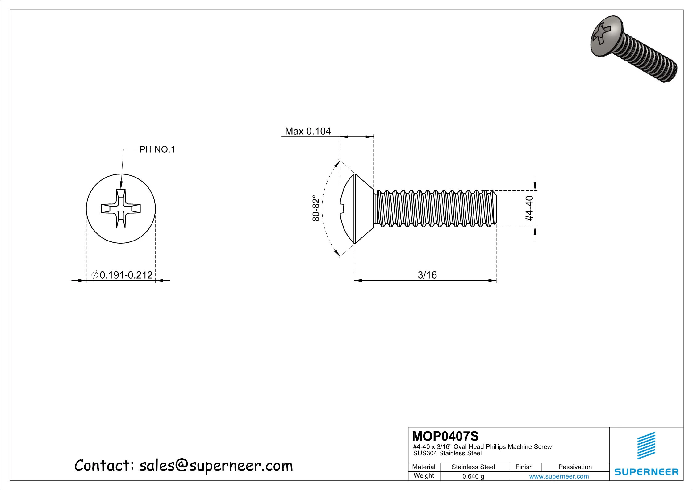 4-40 x7/16" Oval Head Phillips Machine Screw SUS304 Stainless Steel Inox