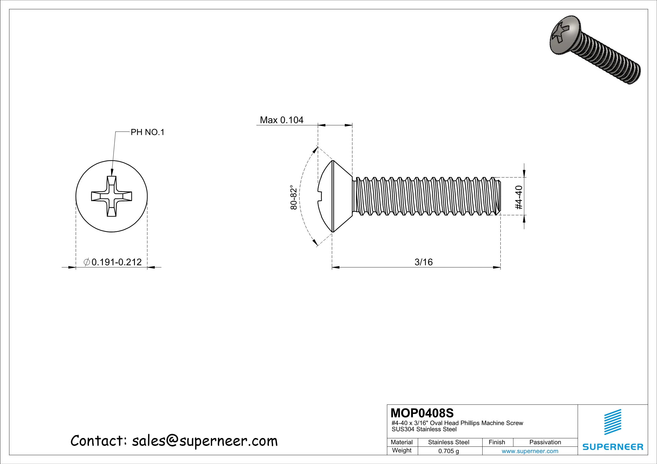 4-40 x 1/2" Oval Head Phillips Machine Screw SUS304 Stainless Steel Inox