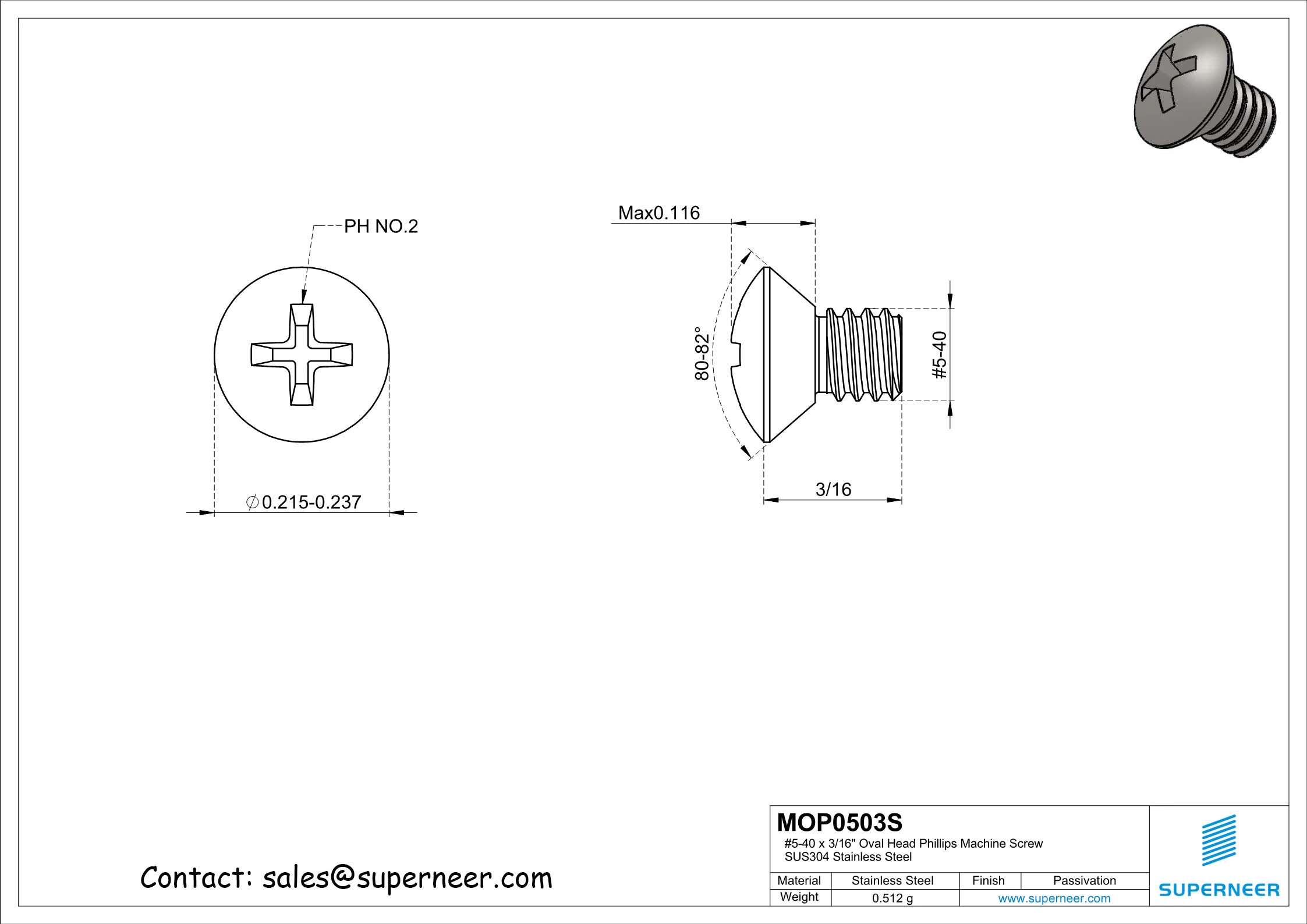 5-40 x 3/16" Oval Head Phillips Machine Screw SUS304 Stainless Steel Inox