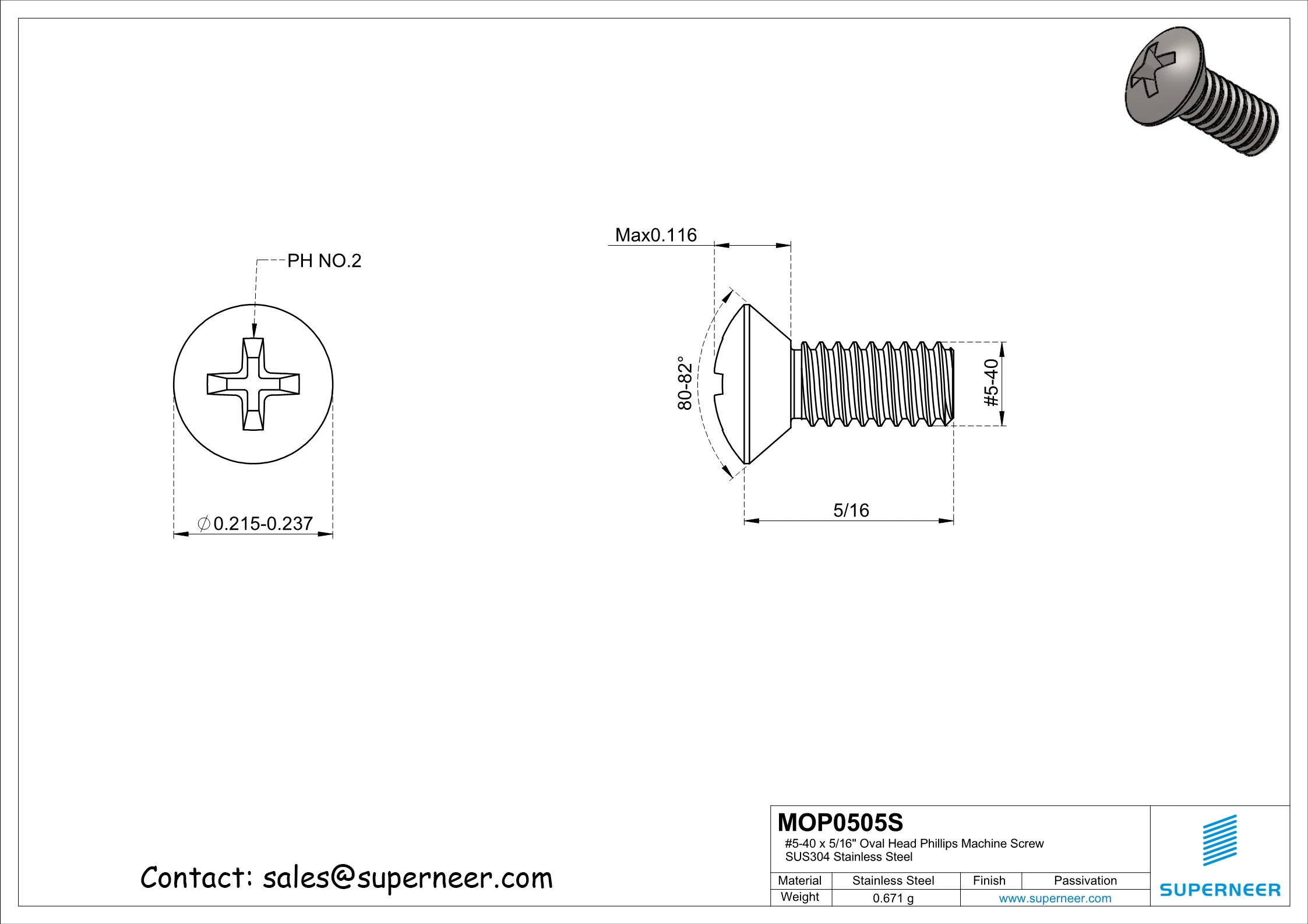 5-40 x 5/16" Oval Head Phillips Machine Screw SUS304 Stainless Steel Inox