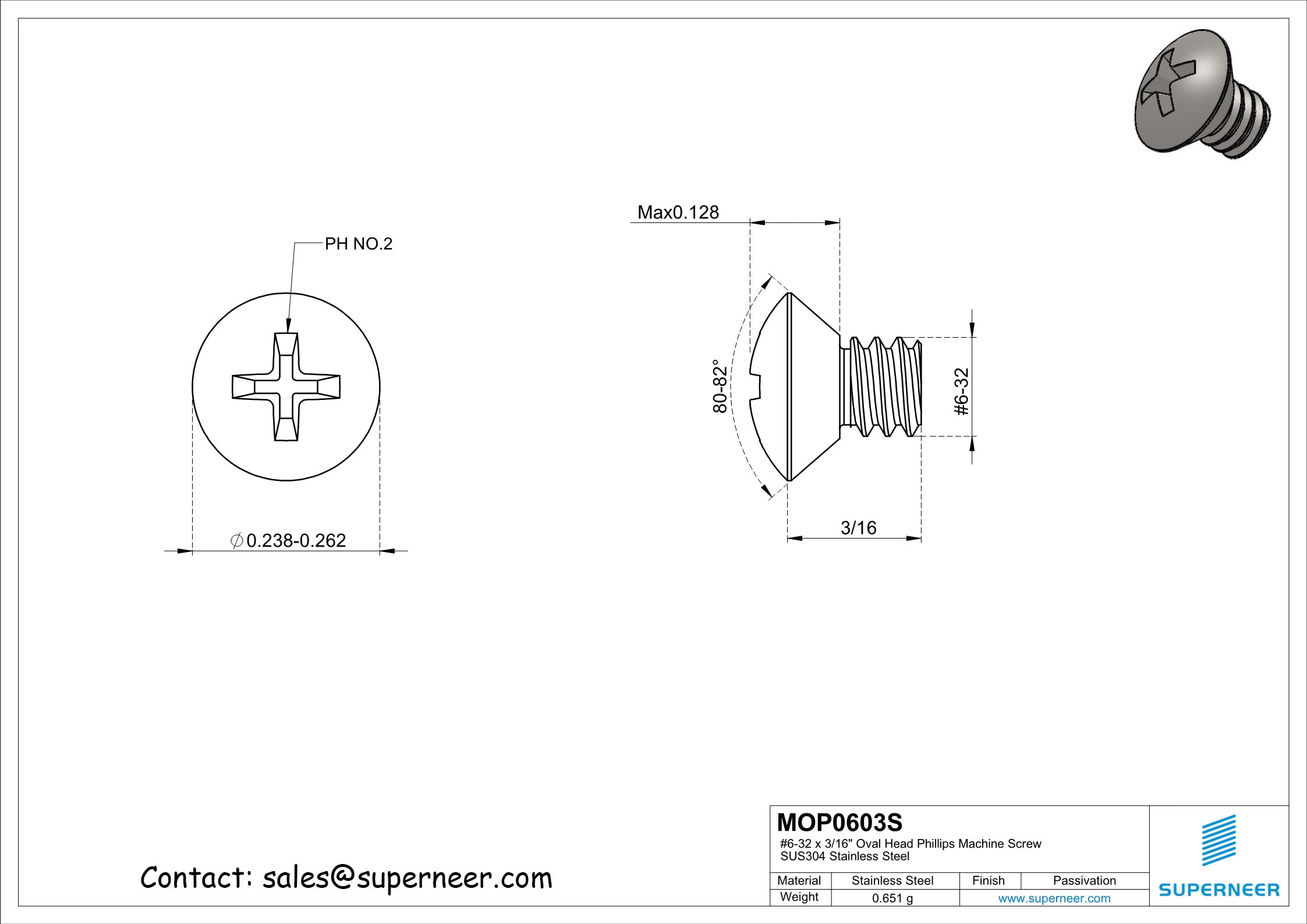 6-32 x 3/16" Oval Head Phillips Machine Screw SUS304 Stainless Steel Inox