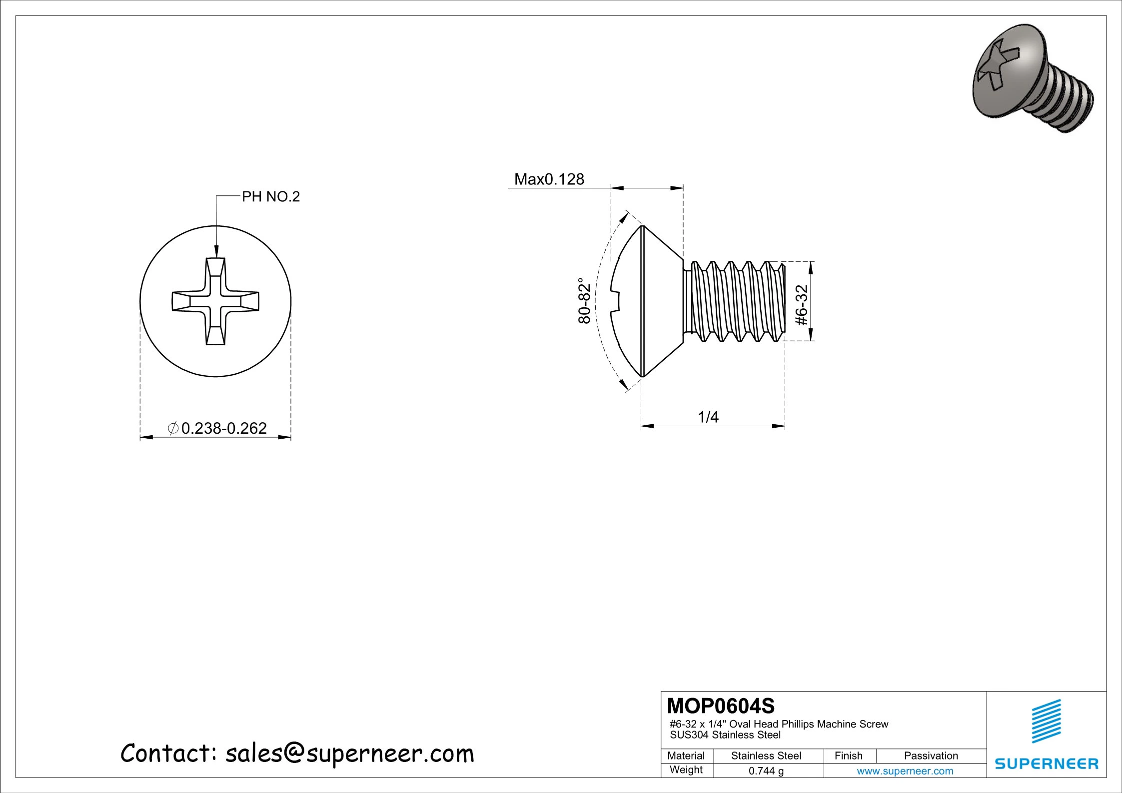 6-32 x 1/4" Oval Head Phillips Machine Screw SUS304 Stainless Steel Inox