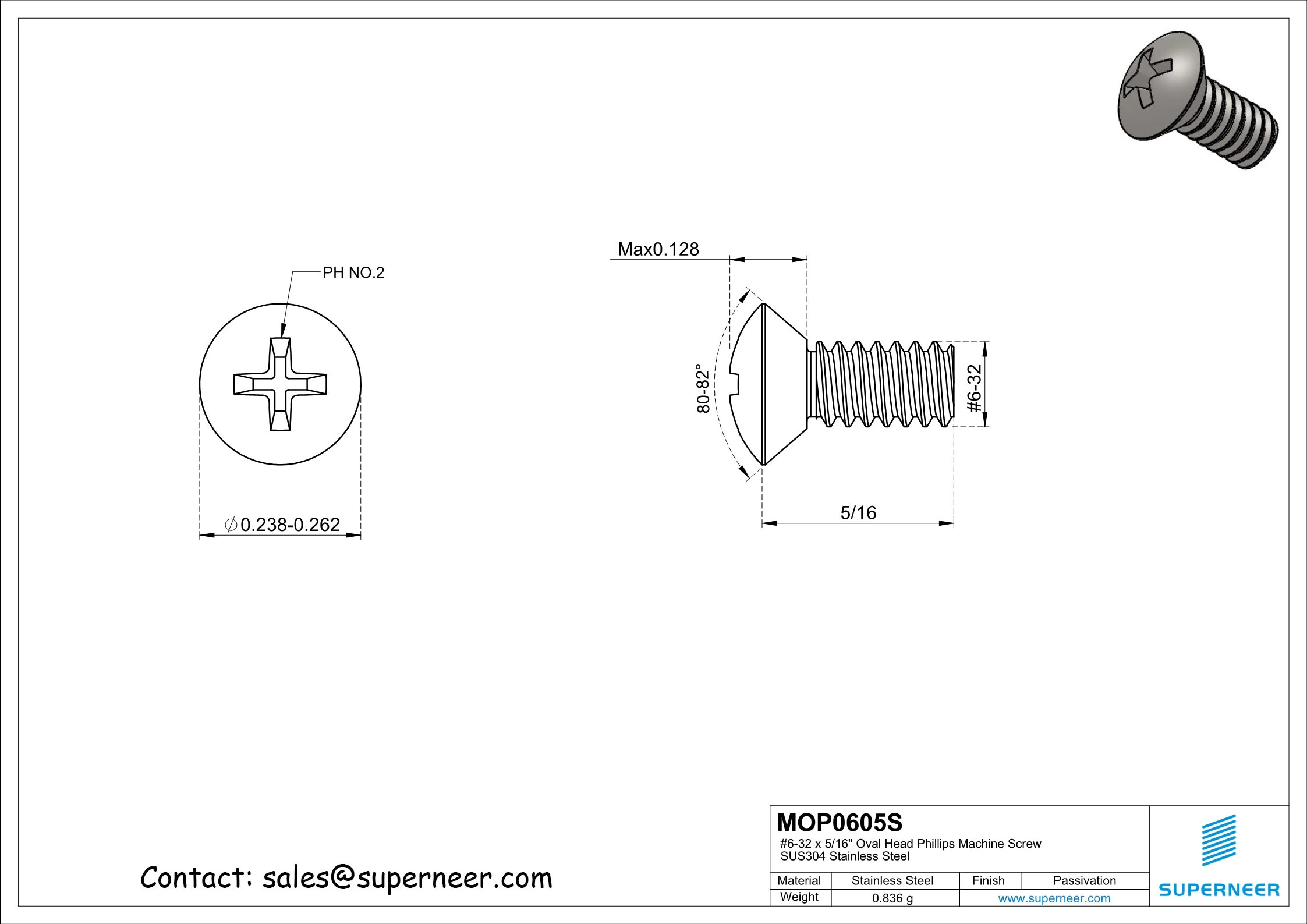 6-32 x 5/16" Oval Head Phillips Machine Screw SUS304 Stainless Steel Inox