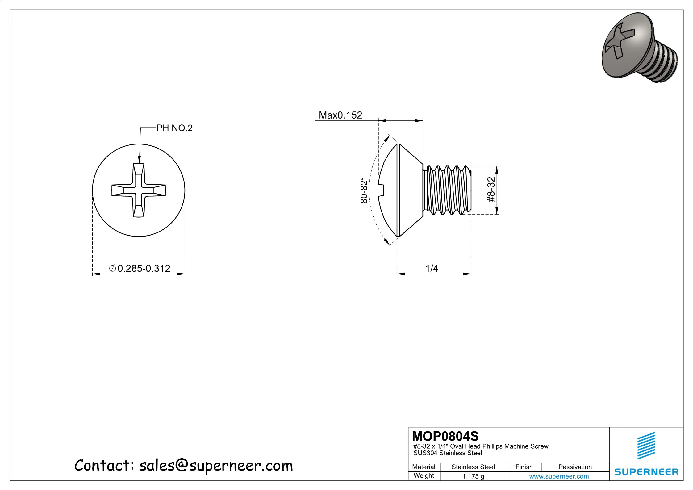 8-32 x 1/4" Oval Head Phillips Machine Screw SUS304 Stainless Steel Inox