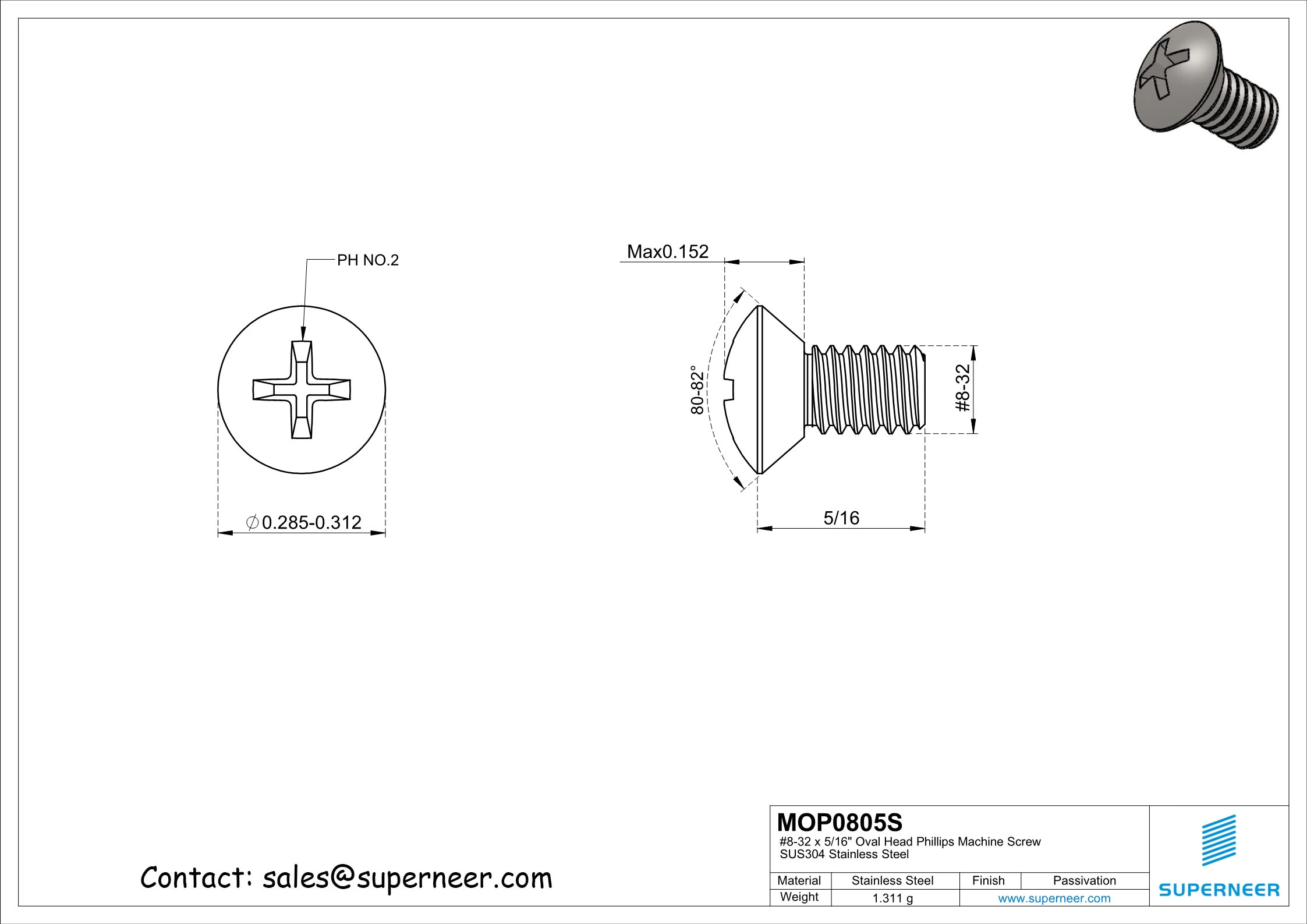 8-32 x 5/16" Oval Head Phillips Machine Screw SUS304 Stainless Steel Inox