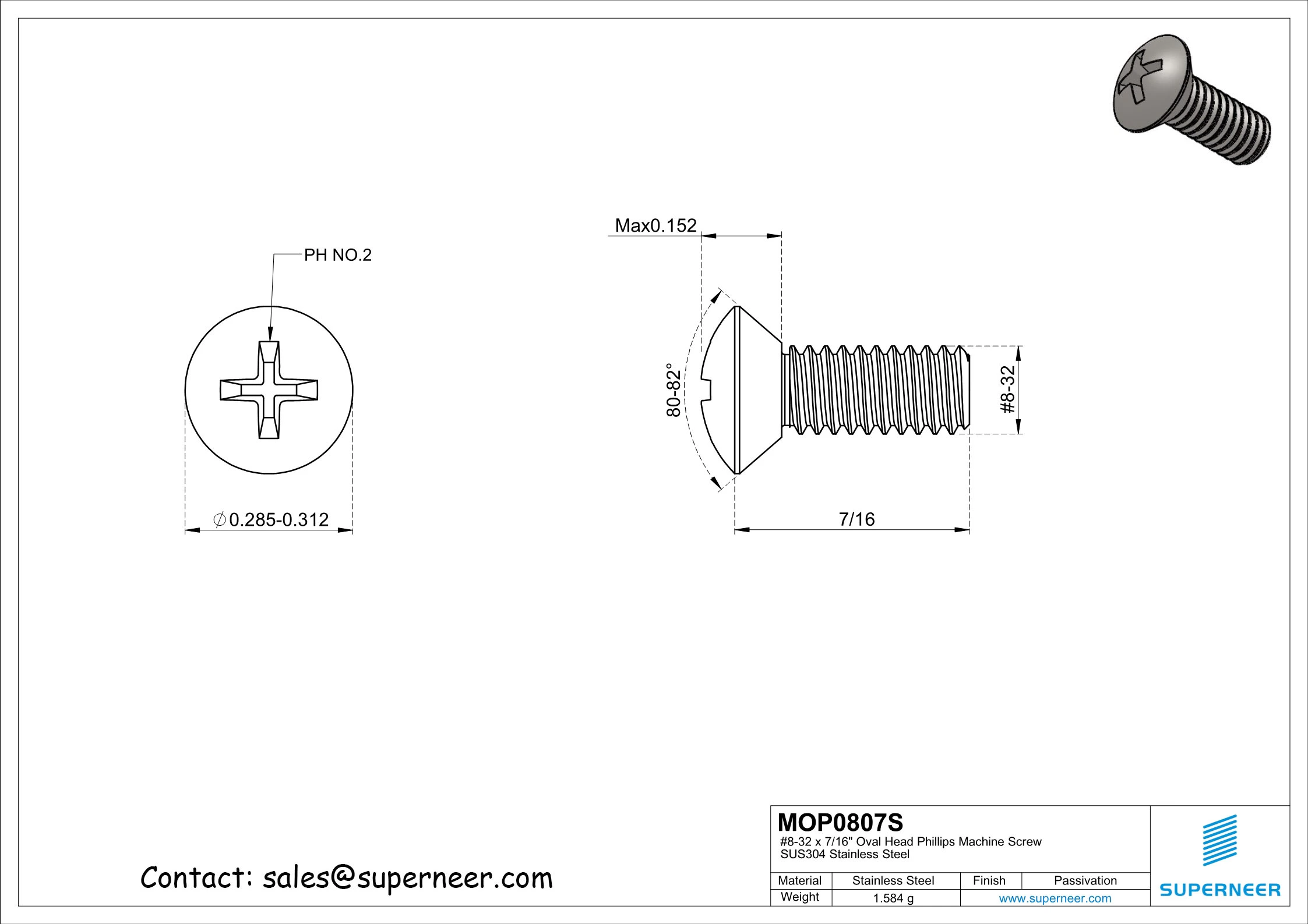 8-32 x 7/16"  Oval Head Phillips Machine Screw SUS304 Stainless Steel Inox