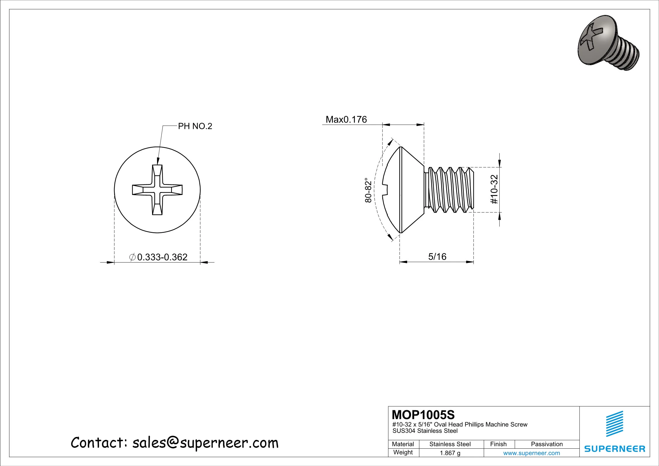 10-32 x 5/16" Oval Head Phillips Machine Screw SUS304 Stainless Steel Inox