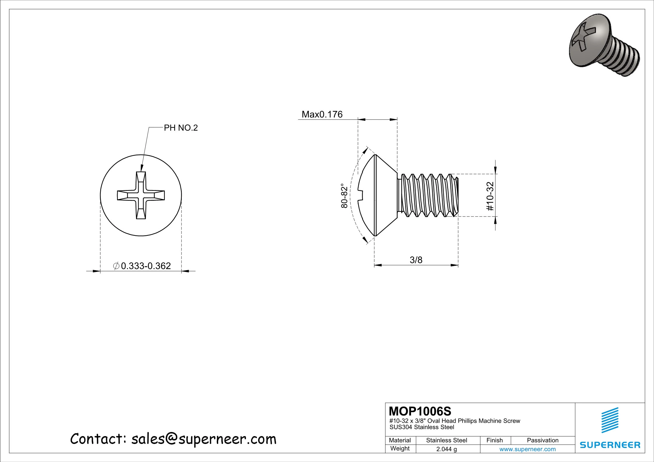 10-32 x 3/8" Oval Head Phillips Machine Screw SUS304 Stainless Steel Inox