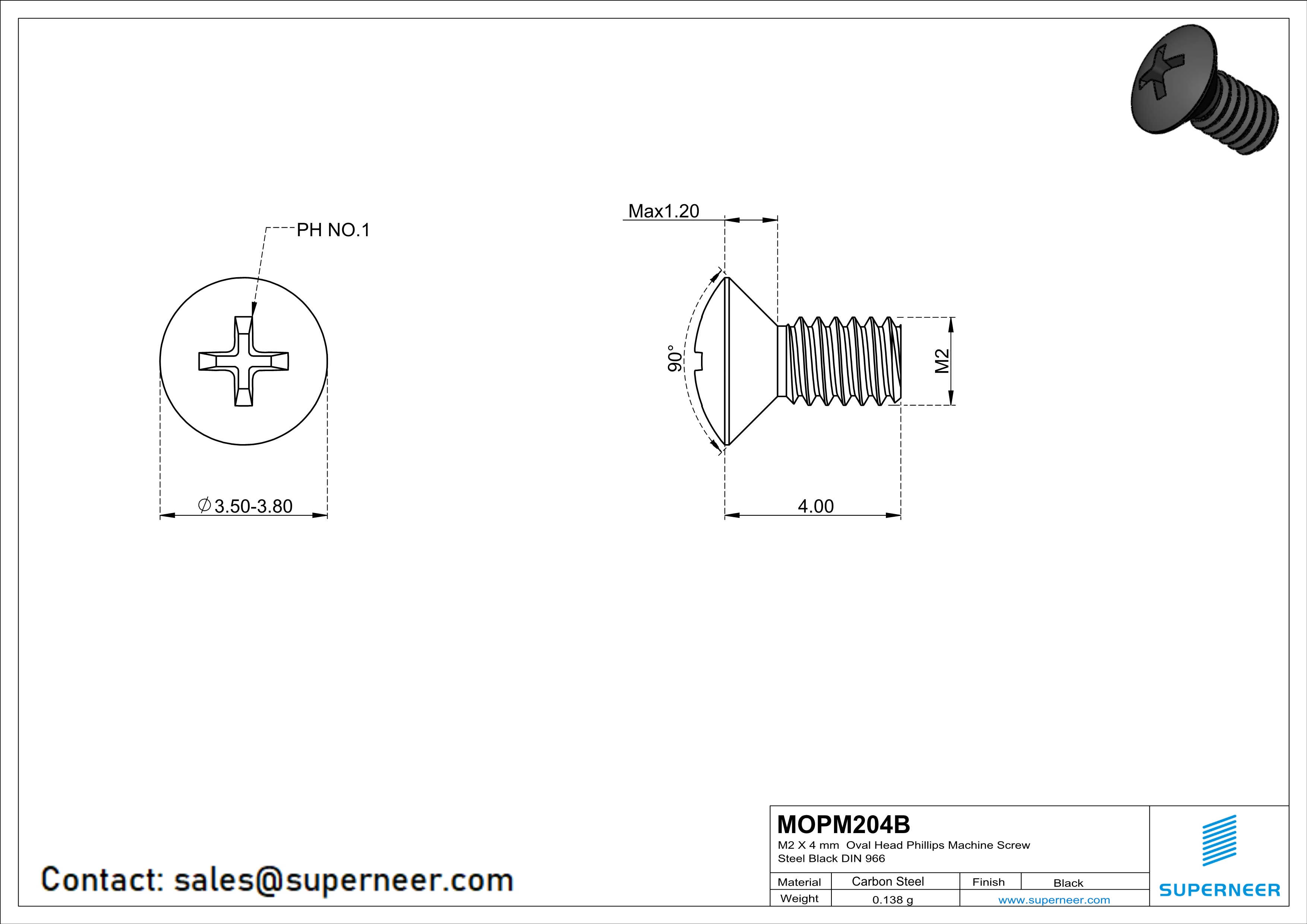 M2 x 4 mm Oval Head Phillips Machine Screw Steel Black DIN 966