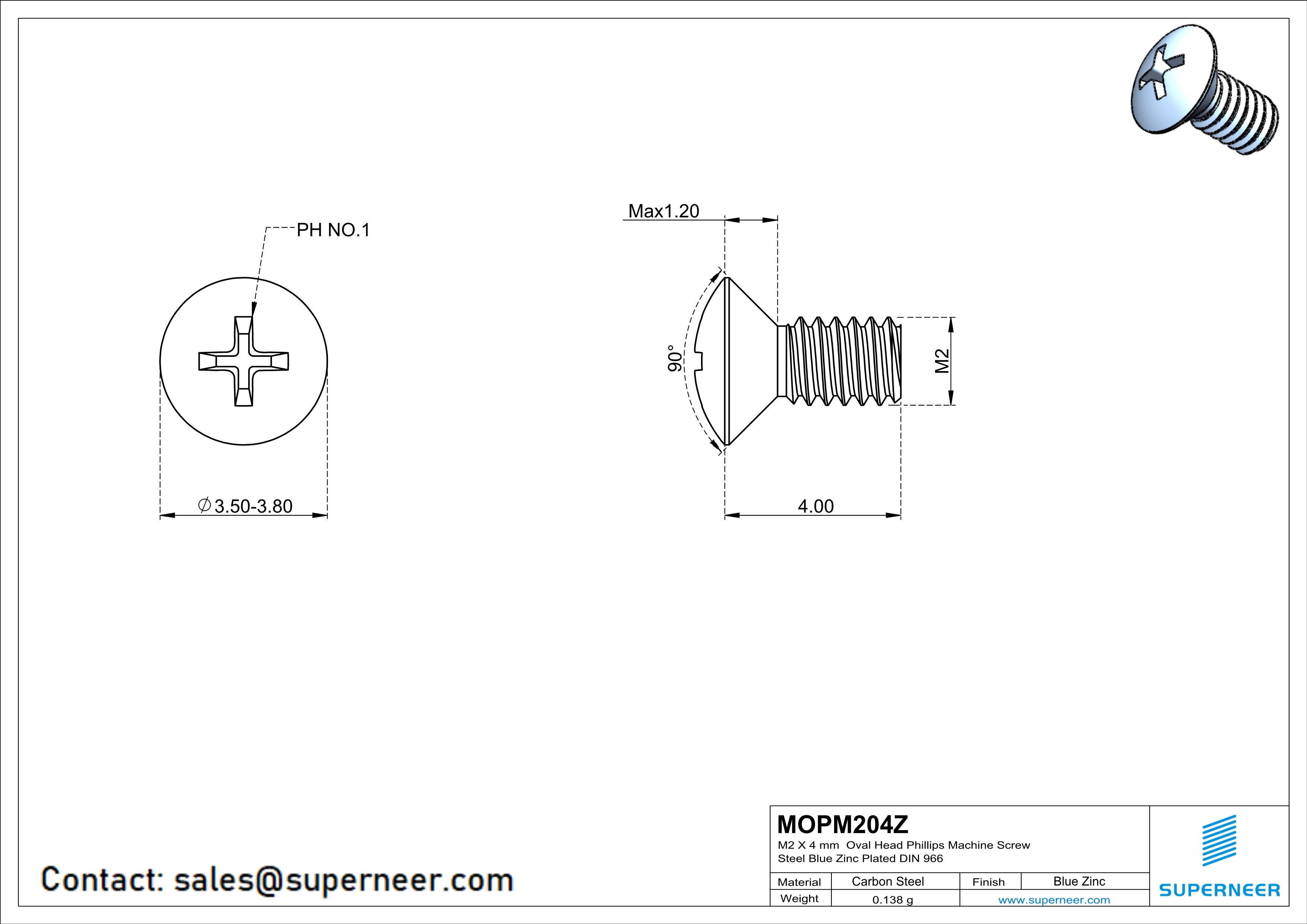 M2 x 4 mm Oval Head Phillips Machine Screw Steel Blue Zinc Plated DIN 966