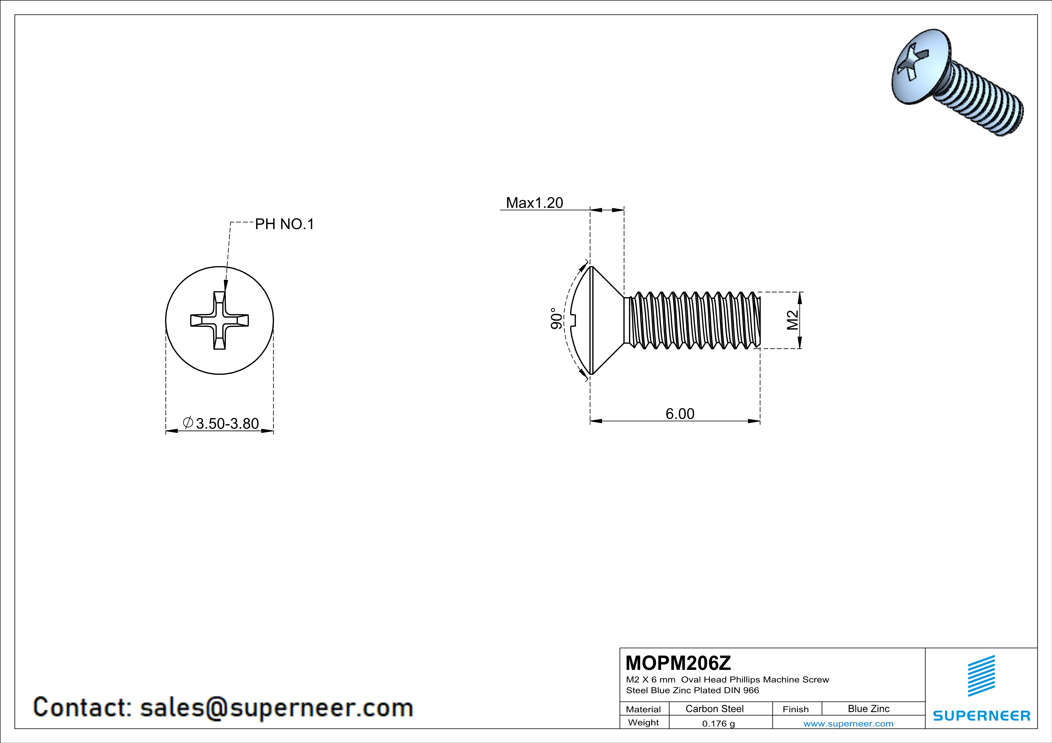 M2 x 6 mm Oval Head Phillips Machine Screw Steel Blue Zinc Plated DIN 966