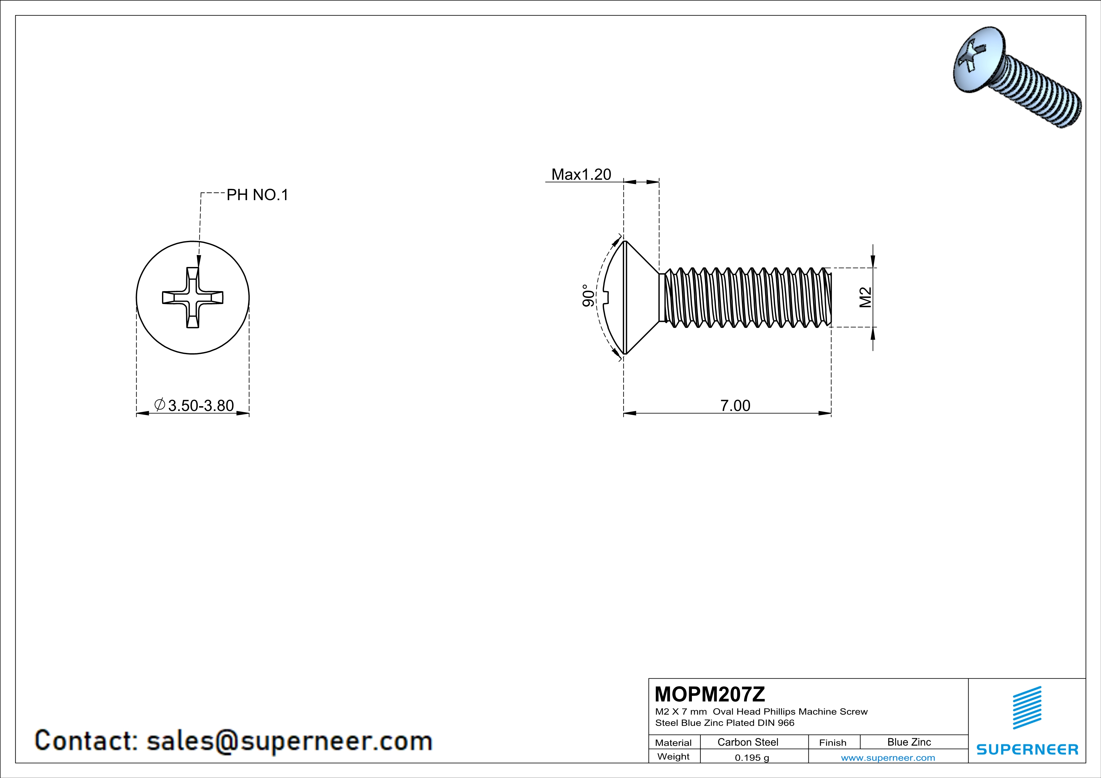 M2 x 7 mm Oval Head Phillips Machine Screw Steel Blue Zinc Plated DIN 966