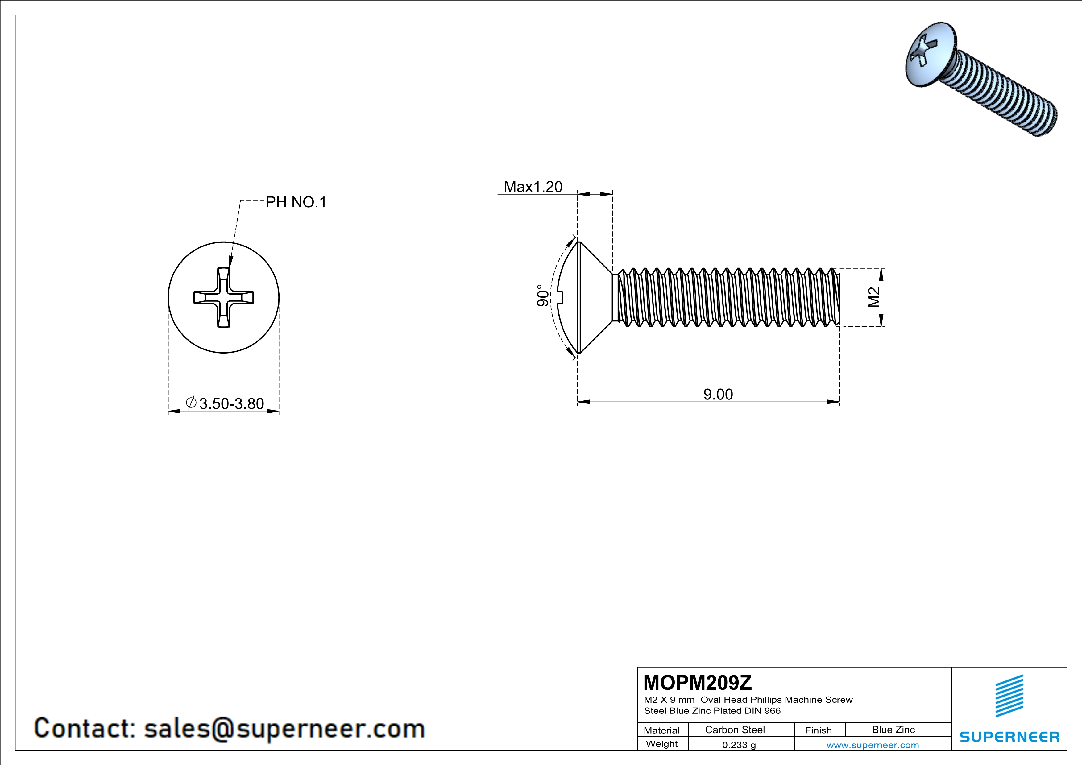 M2 x 9 mm Oval Head Phillips Machine Screw Steel Blue Zinc Plated DIN 966