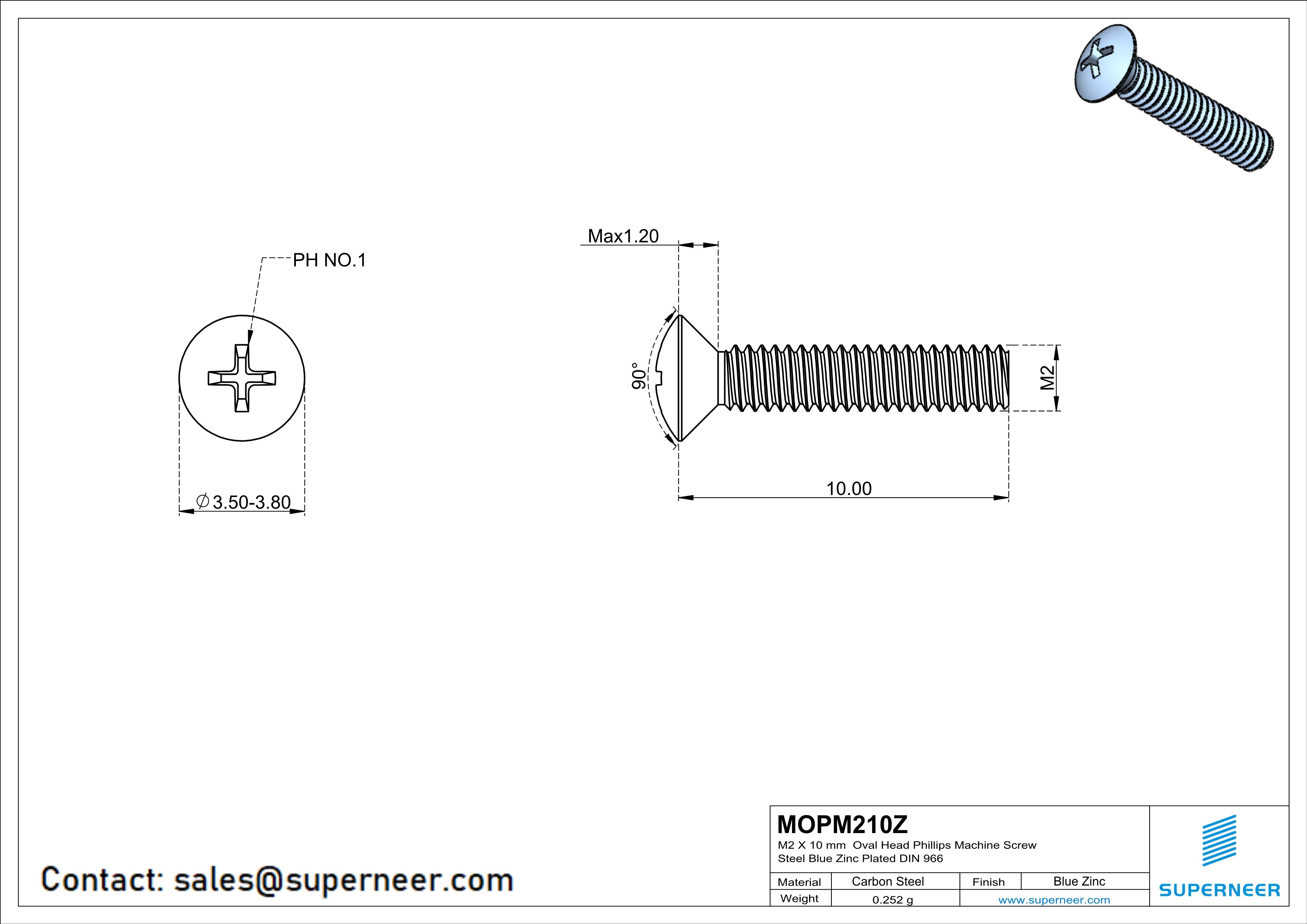 M2 x 10 mm Oval Head Phillips Machine Screw Steel Blue Zinc Plated DIN 966