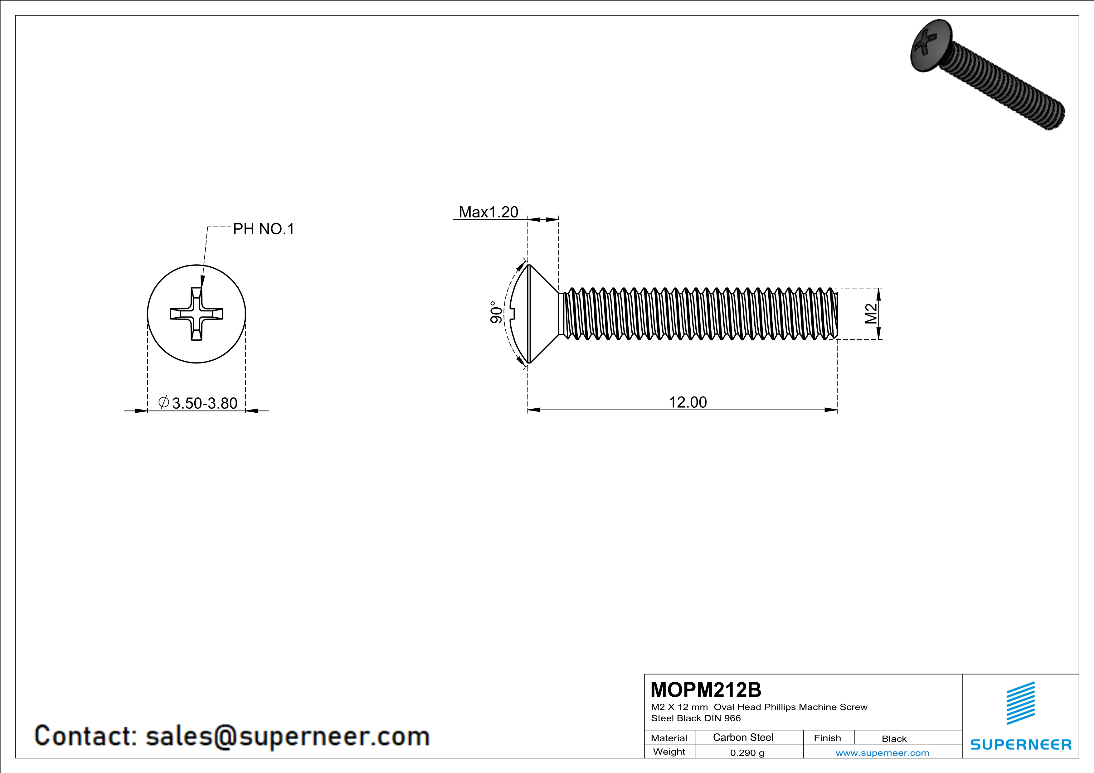 M2 x 12 mm Oval Head Phillips Machine Screw Steel Black DIN 966