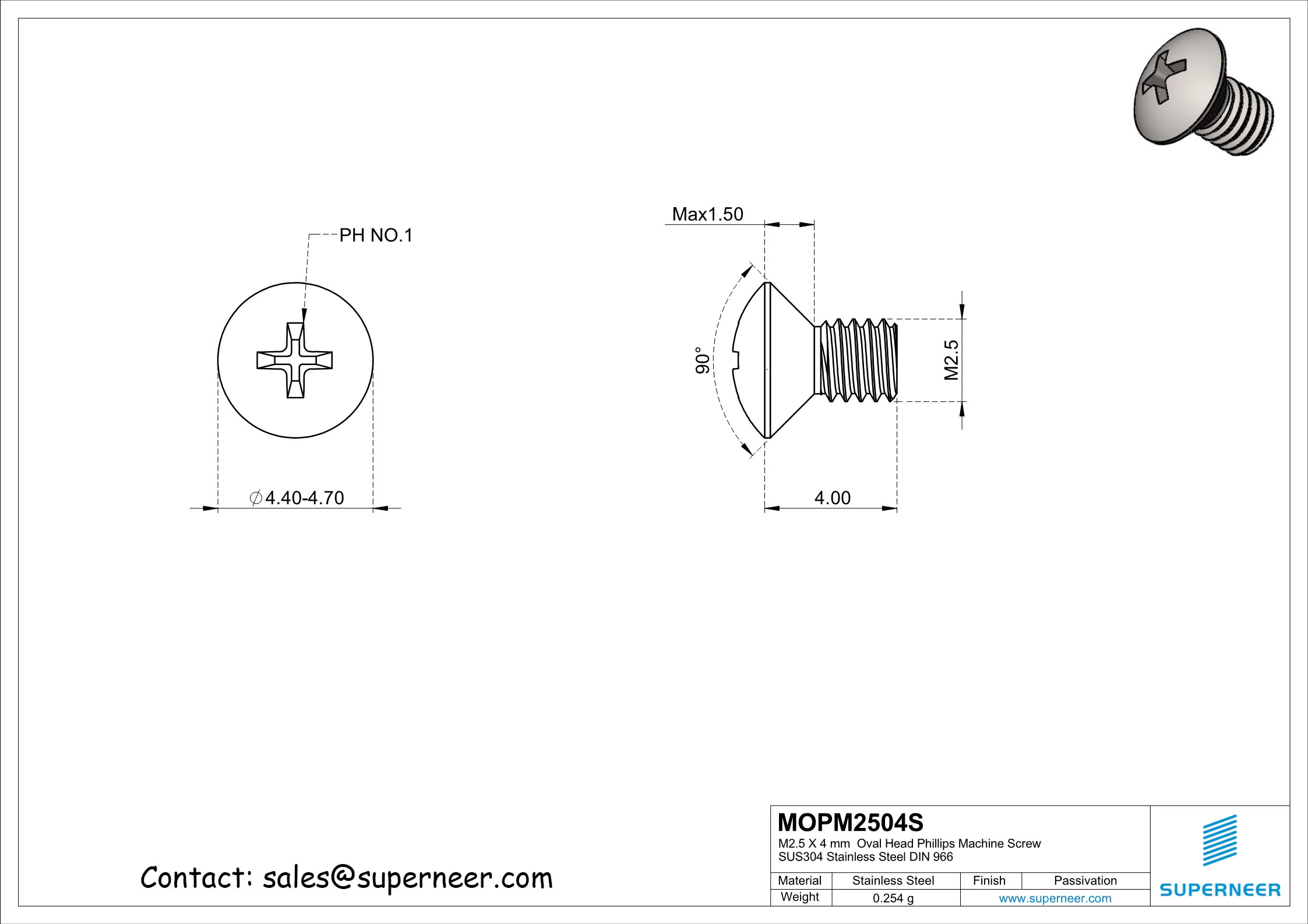 M2.5 x 4 mm  Oval Head Phillips Machine Screw SUS304 Stainless Steel Inox DIN 966