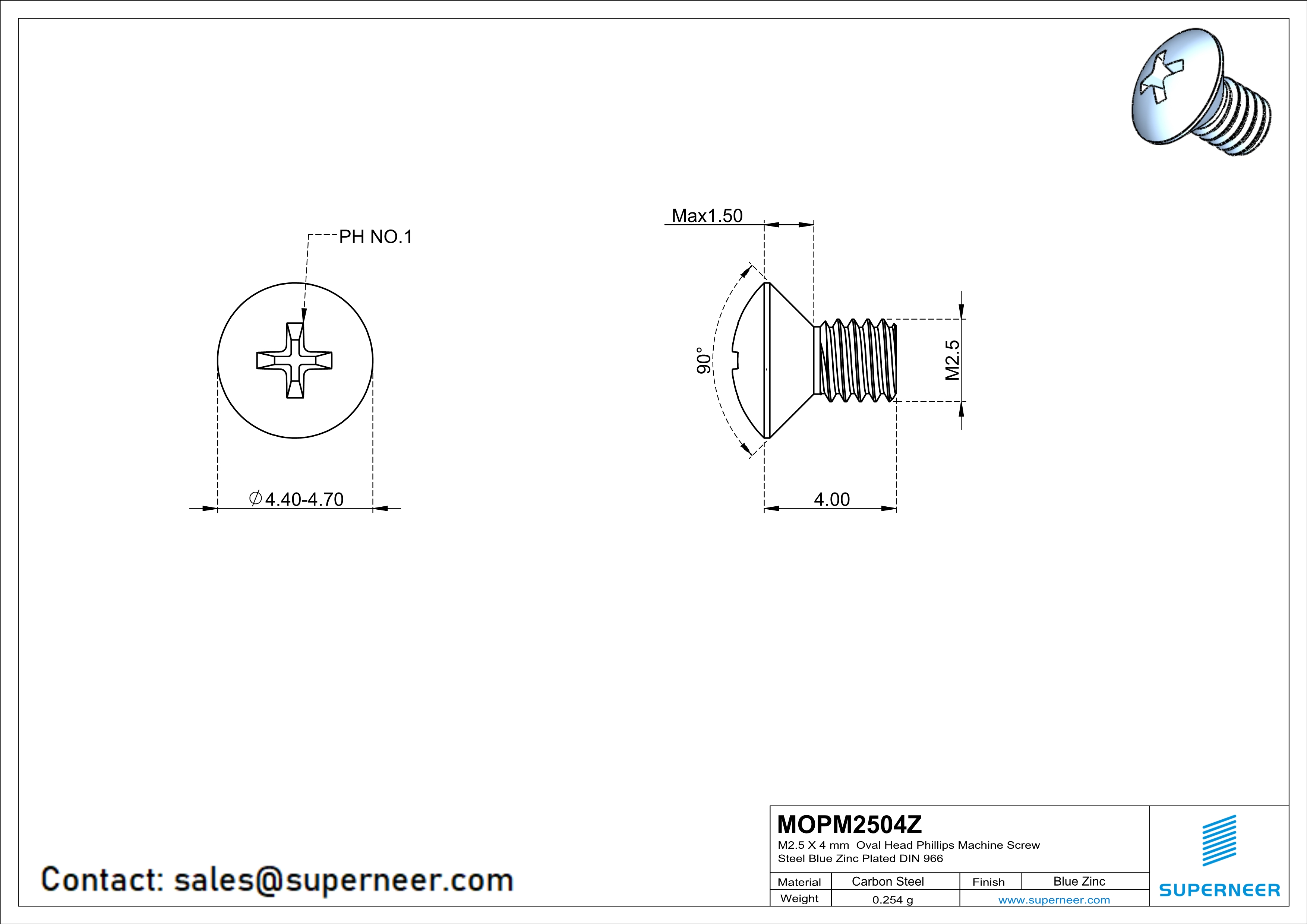 M2.5 x 4 mm Oval Head Phillips Machine Screw Steel Blue Zinc Plated DIN 966