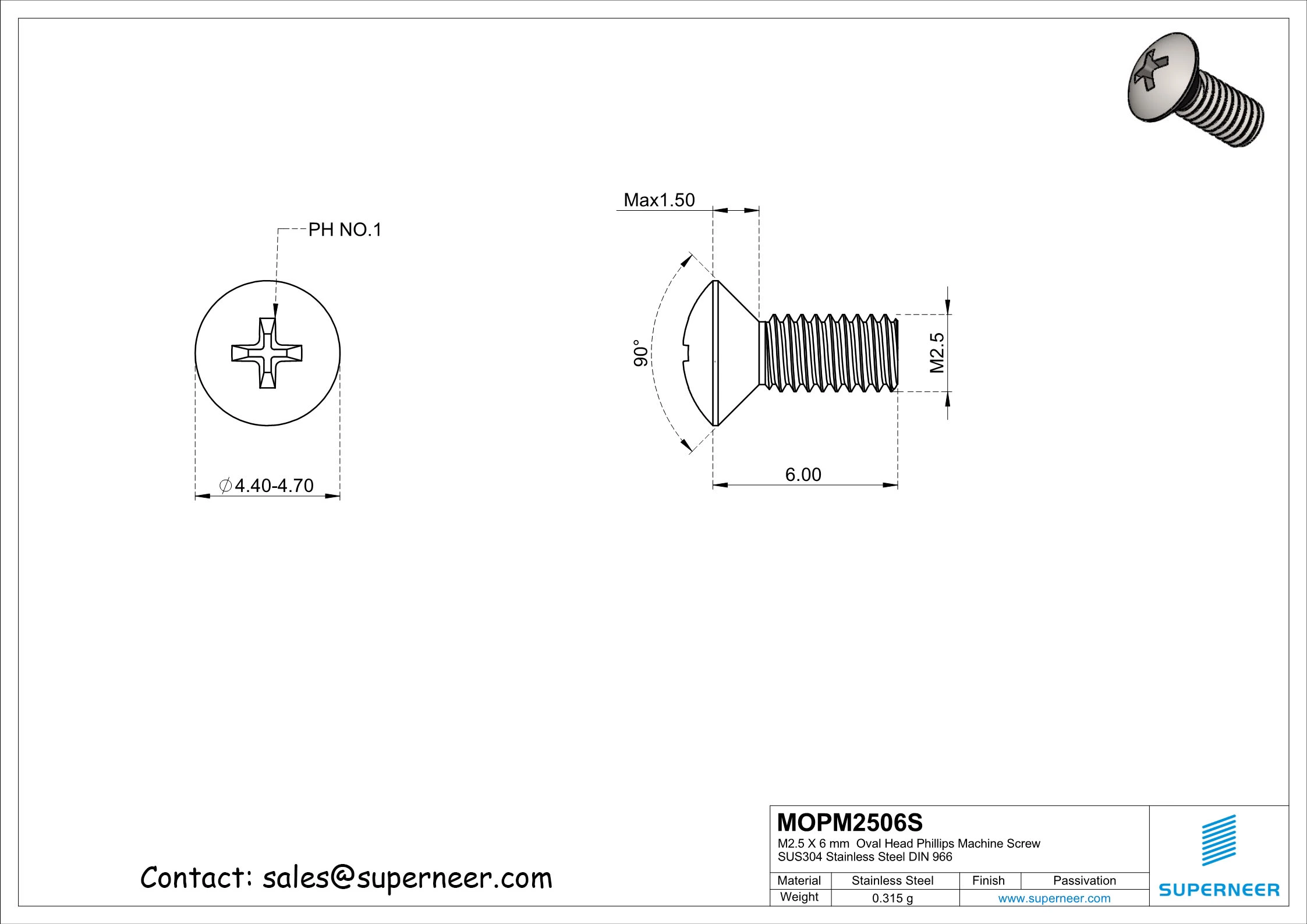 M2.5 x 6 mm  Oval Head Phillips Machine Screw SUS304 Stainless Steel Inox DIN 966