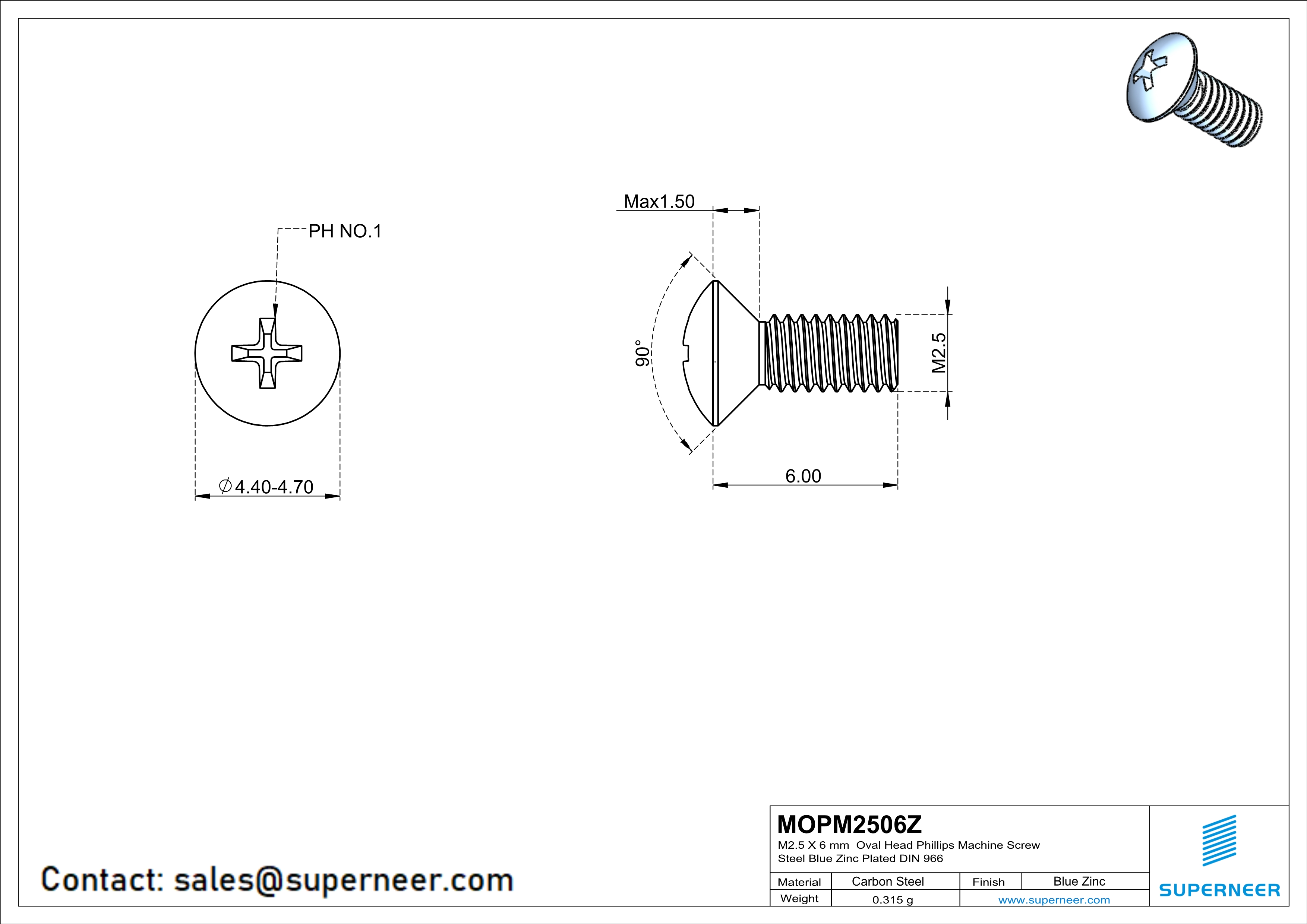 M2.5 x 6 mm Oval Head Phillips Machine Screw Steel Blue Zinc Plated DIN 966