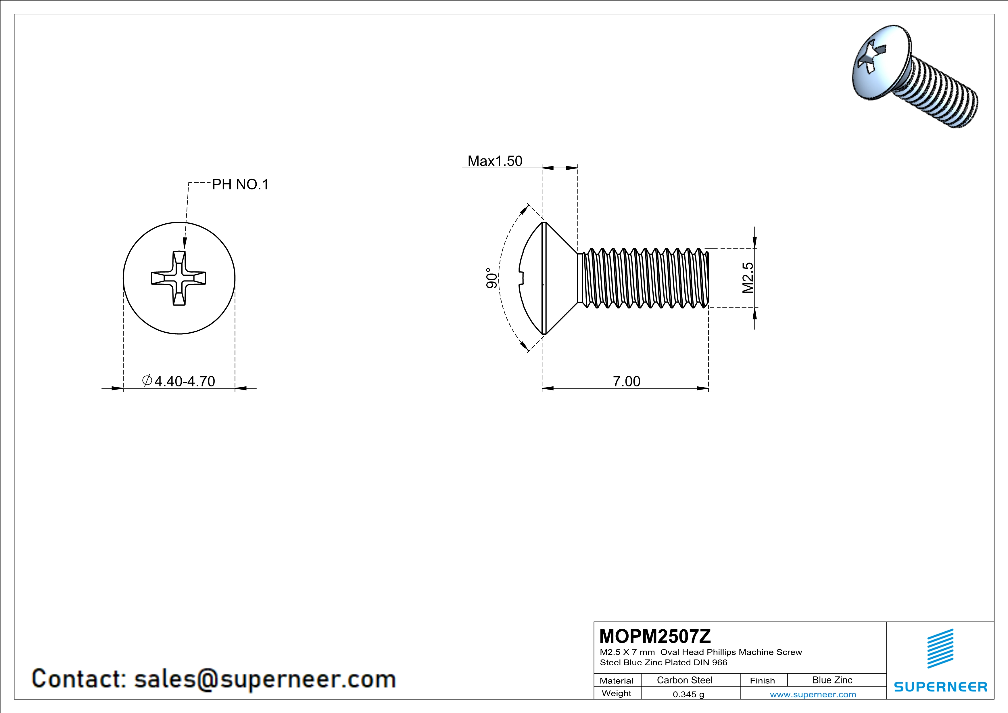 M2.5 x 7 mm Oval Head Phillips Machine Screw Steel Blue Zinc Plated DIN 966