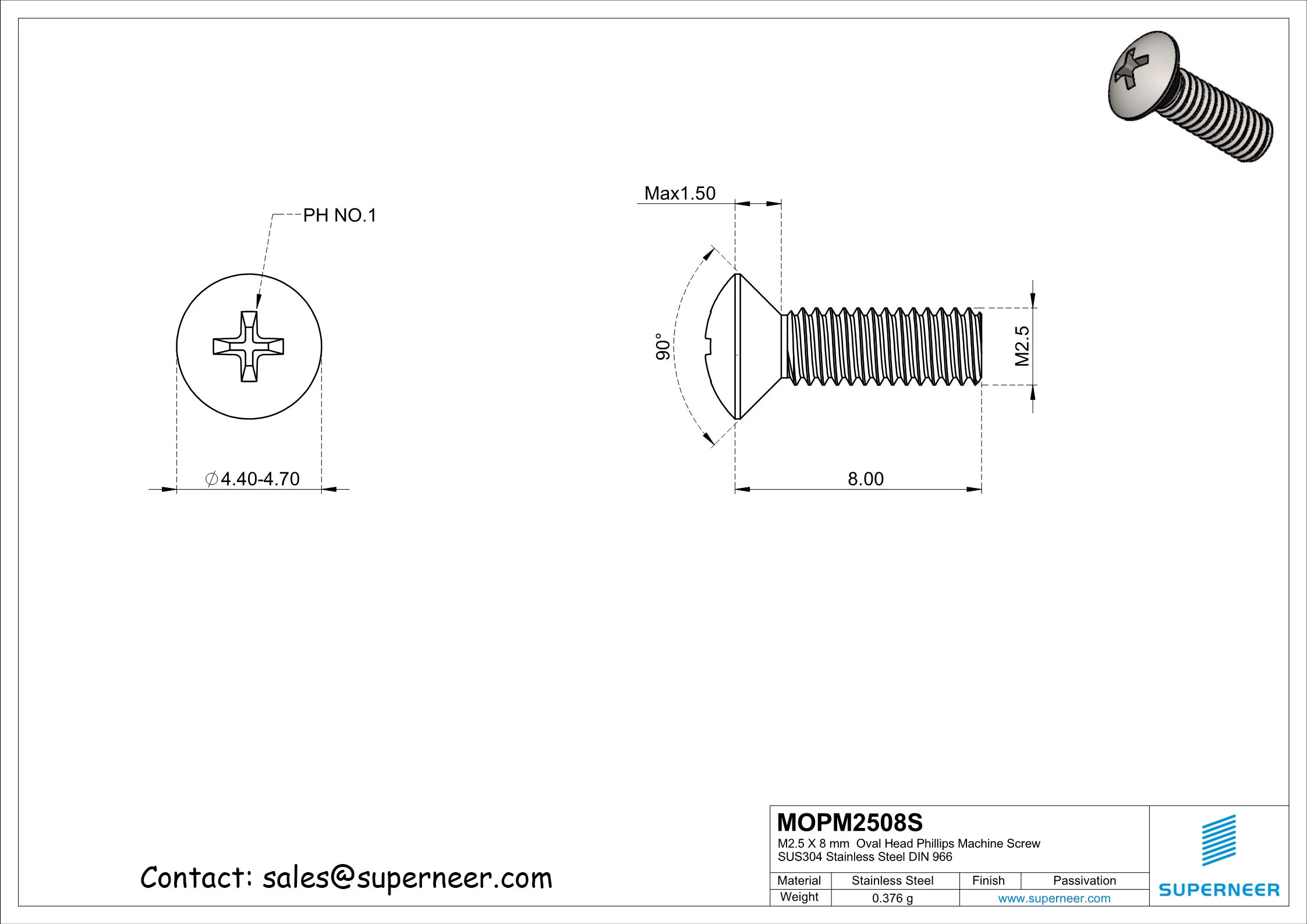 M2.5 x 8 mm  Oval Head Phillips Machine Screw SUS304 Stainless Steel Inox DIN 966