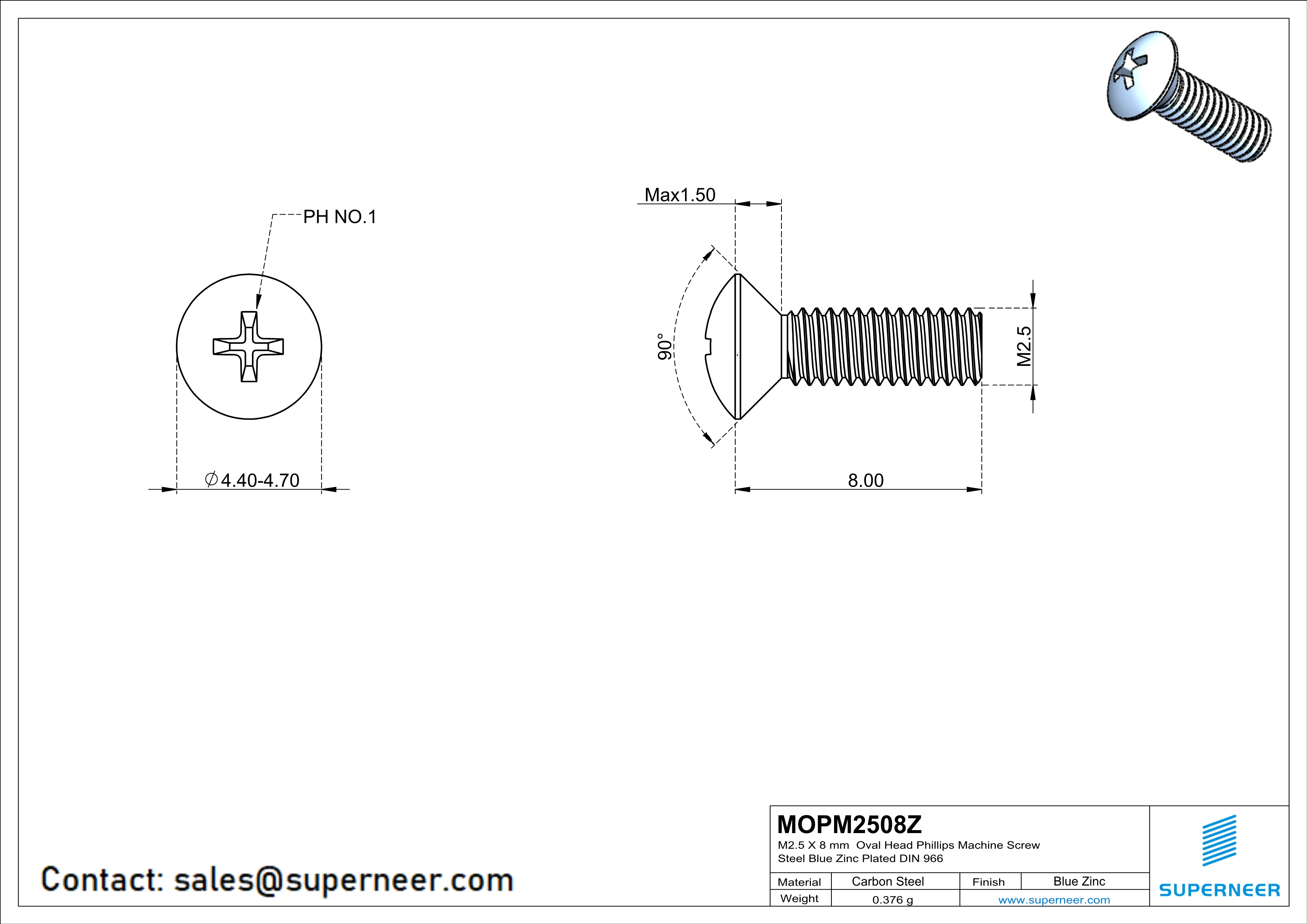 M2.5 x 8 mm Oval Head Phillips Machine Screw Steel Blue Zinc Plated DIN 966