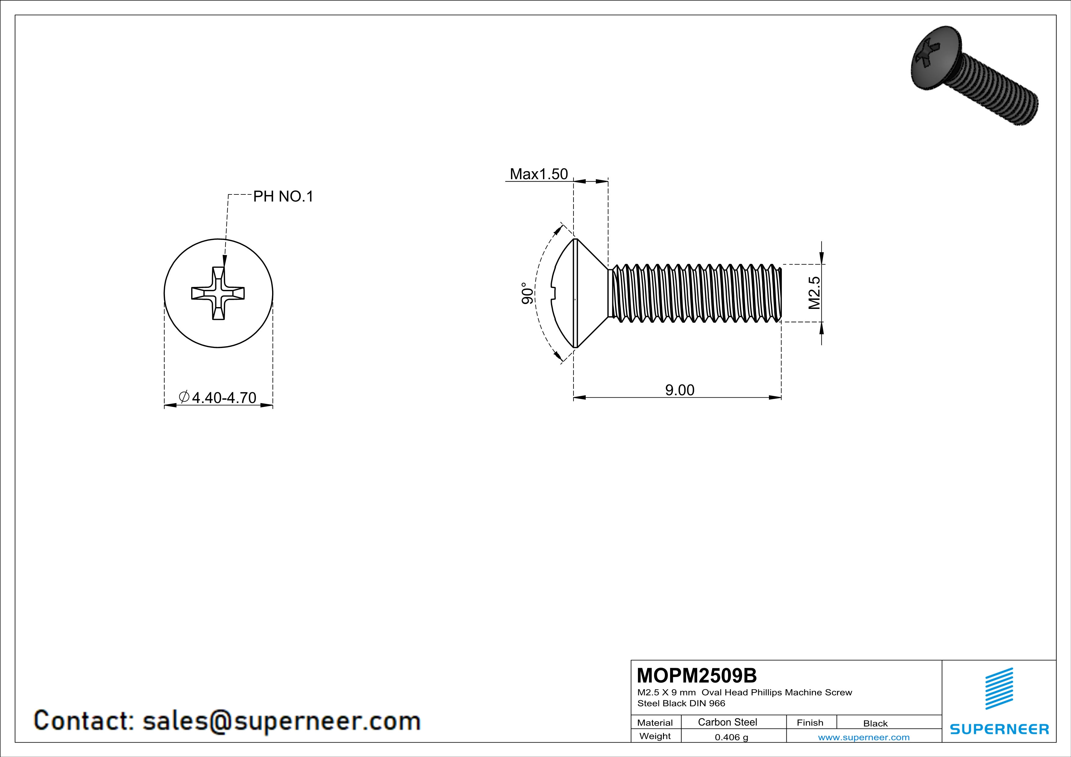 M2.5 x 9 mm Oval Head Phillips Machine Screw Steel Black DIN 966