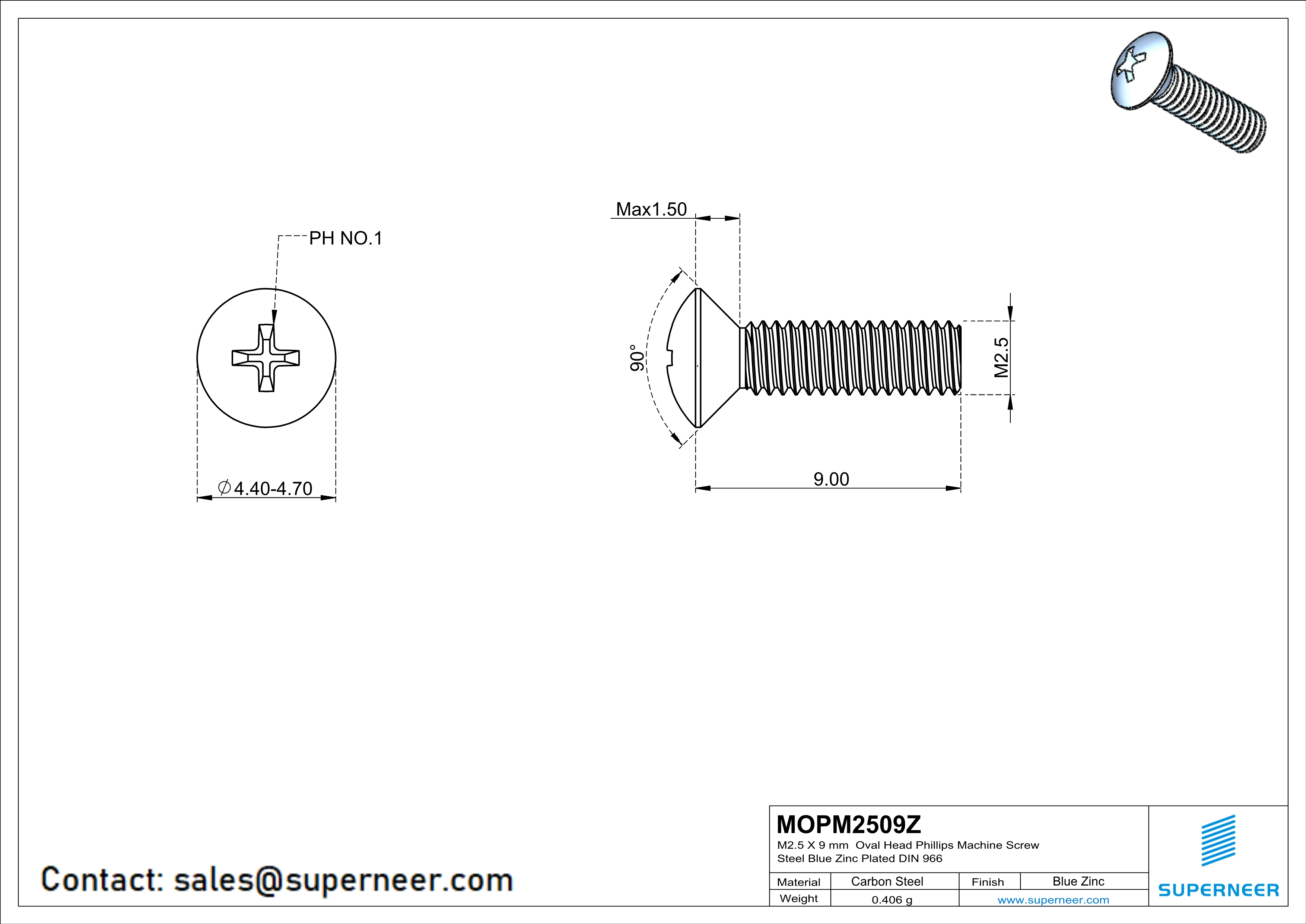 M2.5 x 9 mm Oval Head Phillips Machine Screw Steel Blue Zinc Plated DIN 966