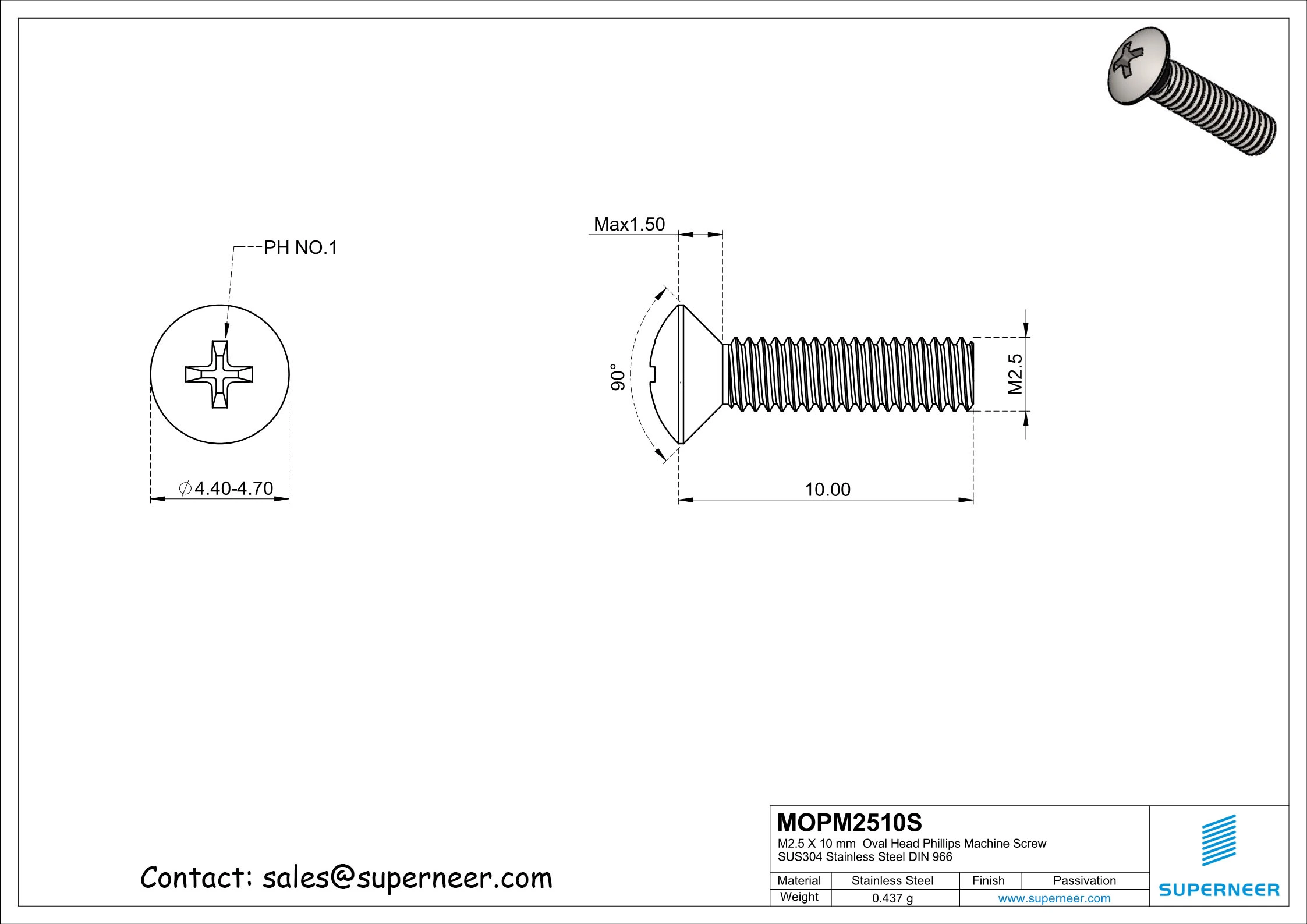 M2.5 x 10 mm  Oval Head Phillips Machine Screw SUS304 Stainless Steel Inox DIN 966