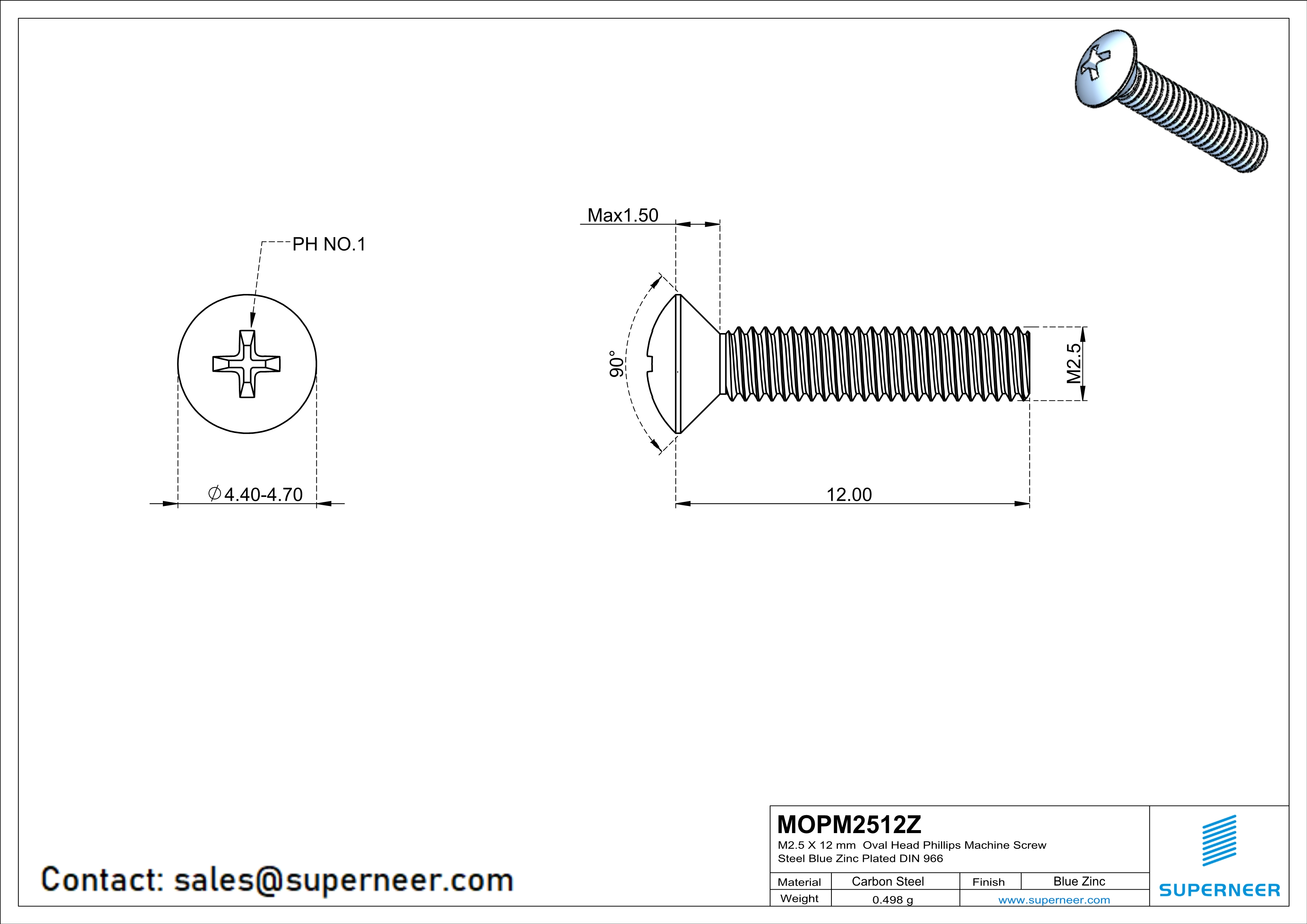 M2.5 x 12 mm Oval Head Phillips Machine Screw Steel Blue Zinc Plated DIN 966