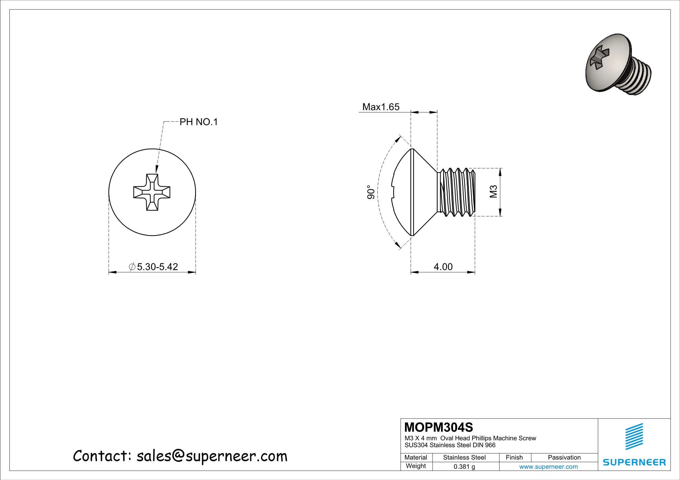 M3 x 4 mm  Oval Head Phillips Machine Screw SUS304 Stainless Steel Inox DIN 966