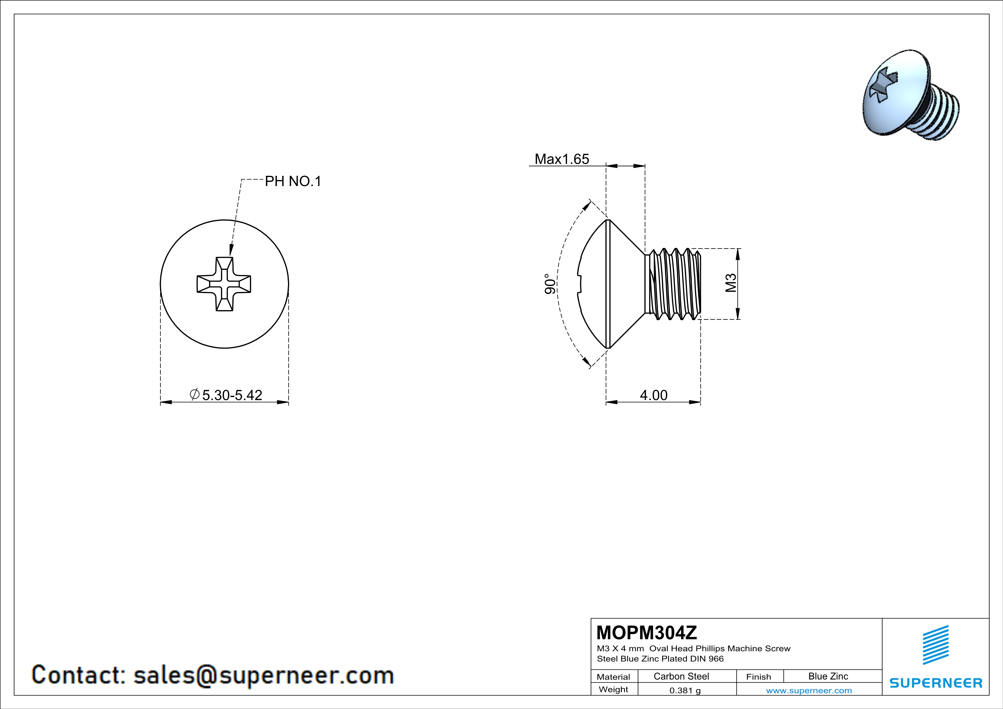 M3 x 4 mm Oval Head Phillips Machine Screw Steel Blue Zinc Plated DIN 966