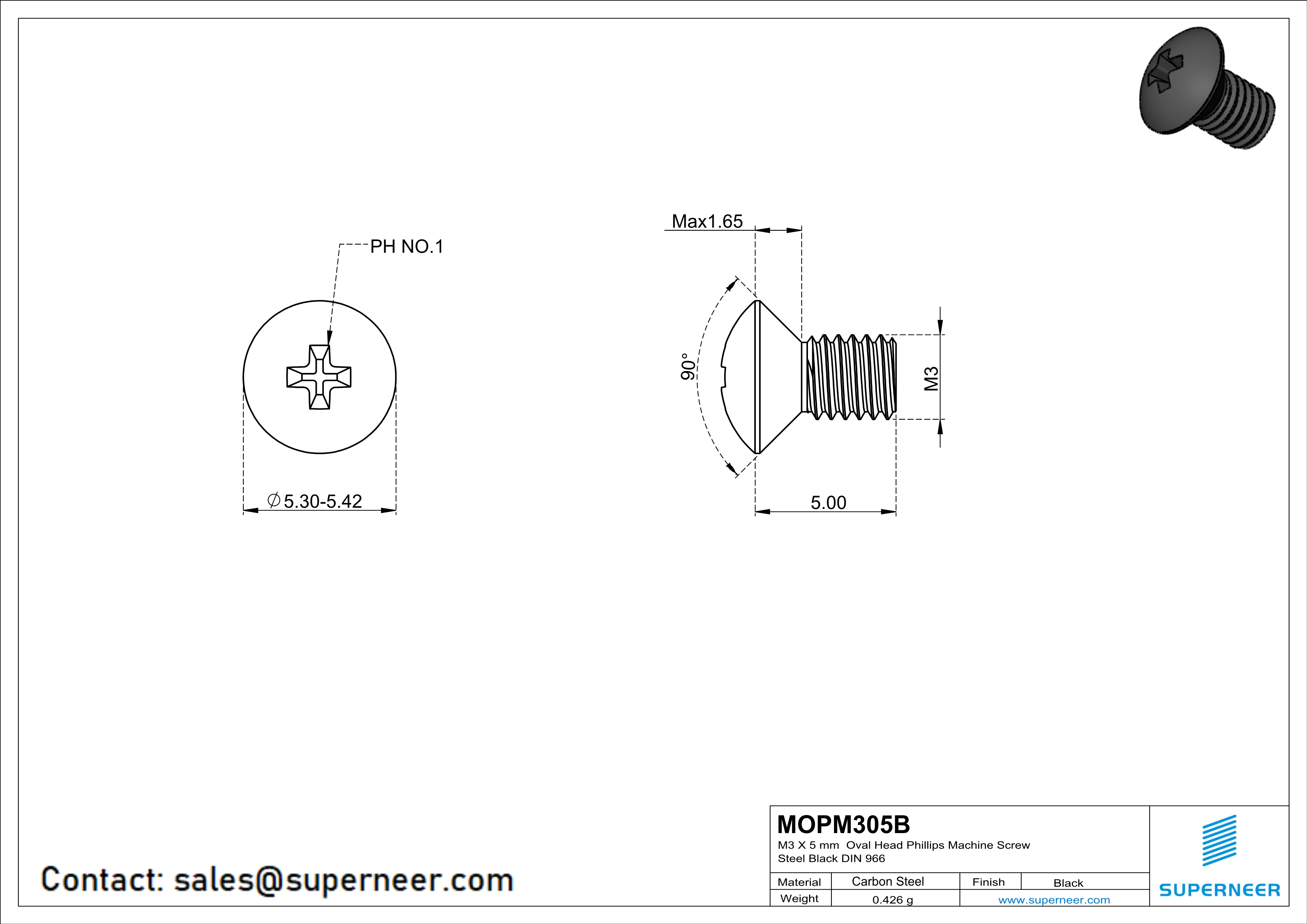 M3 x 5 mm Oval Head Phillips Machine Screw Steel Black DIN 966