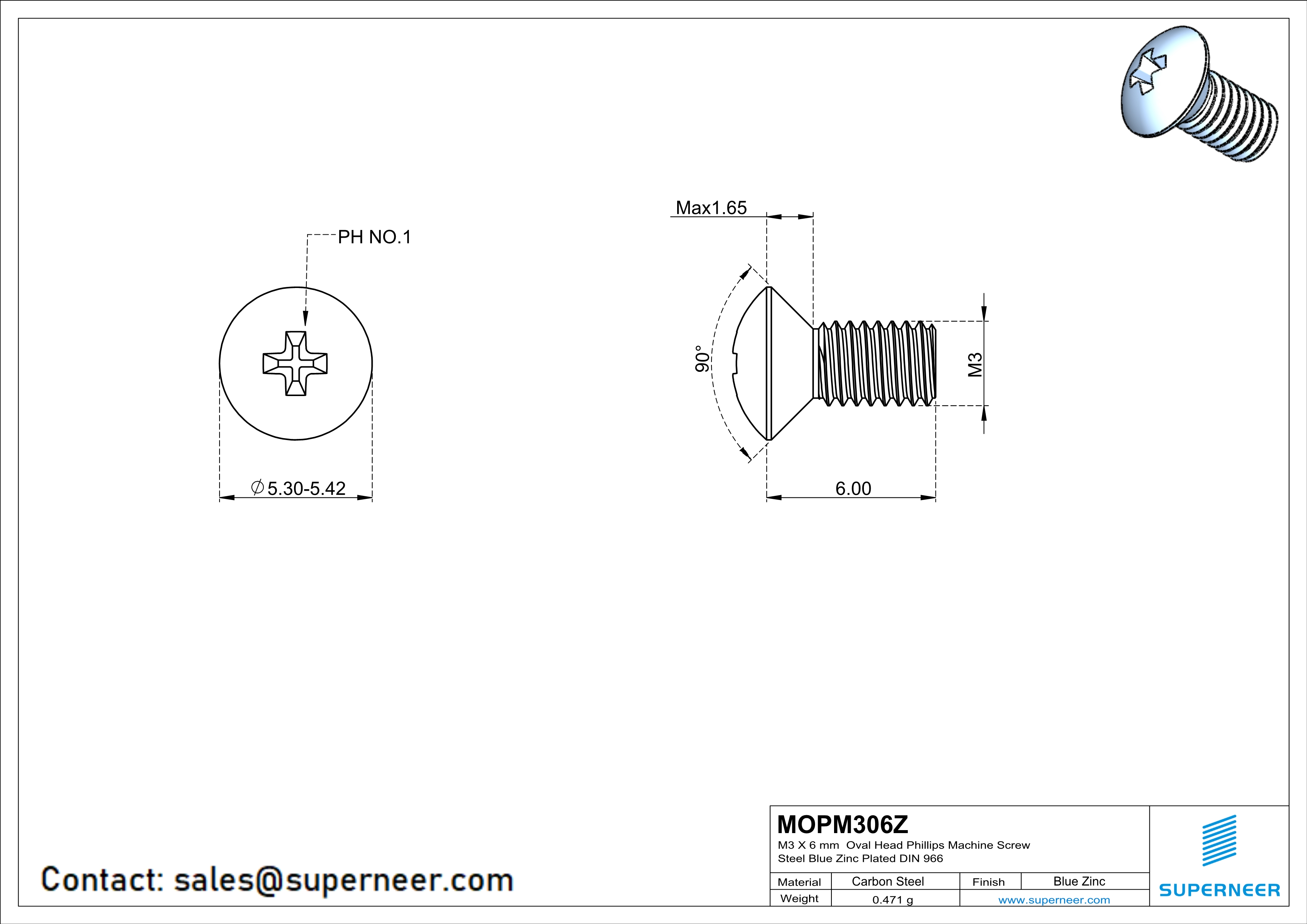 M3 x 6 mm Oval Head Phillips Machine Screw Steel Blue Zinc Plated DIN 966