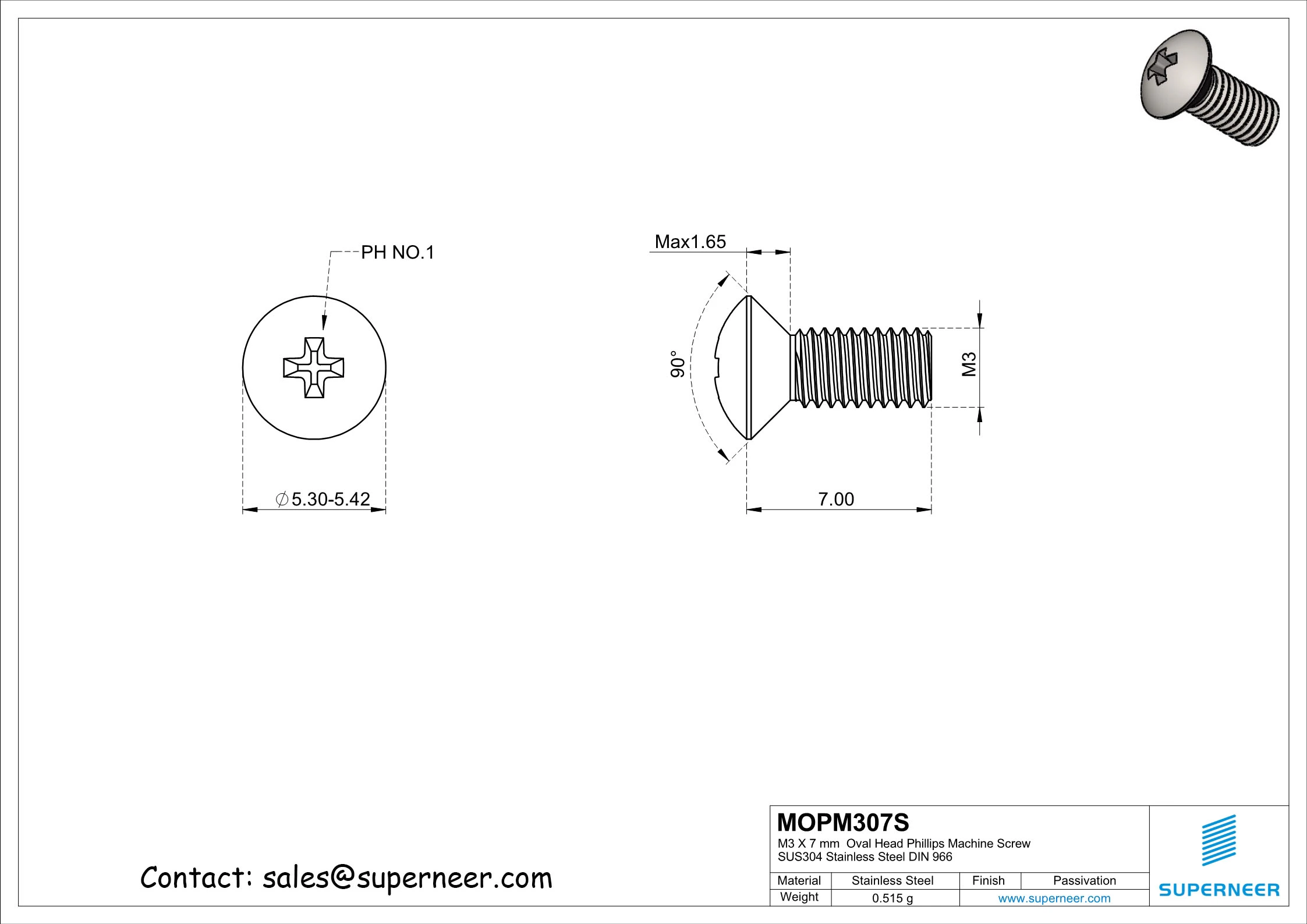 M3 x 7 mm  Oval Head Phillips Machine Screw SUS304 Stainless Steel Inox DIN 966