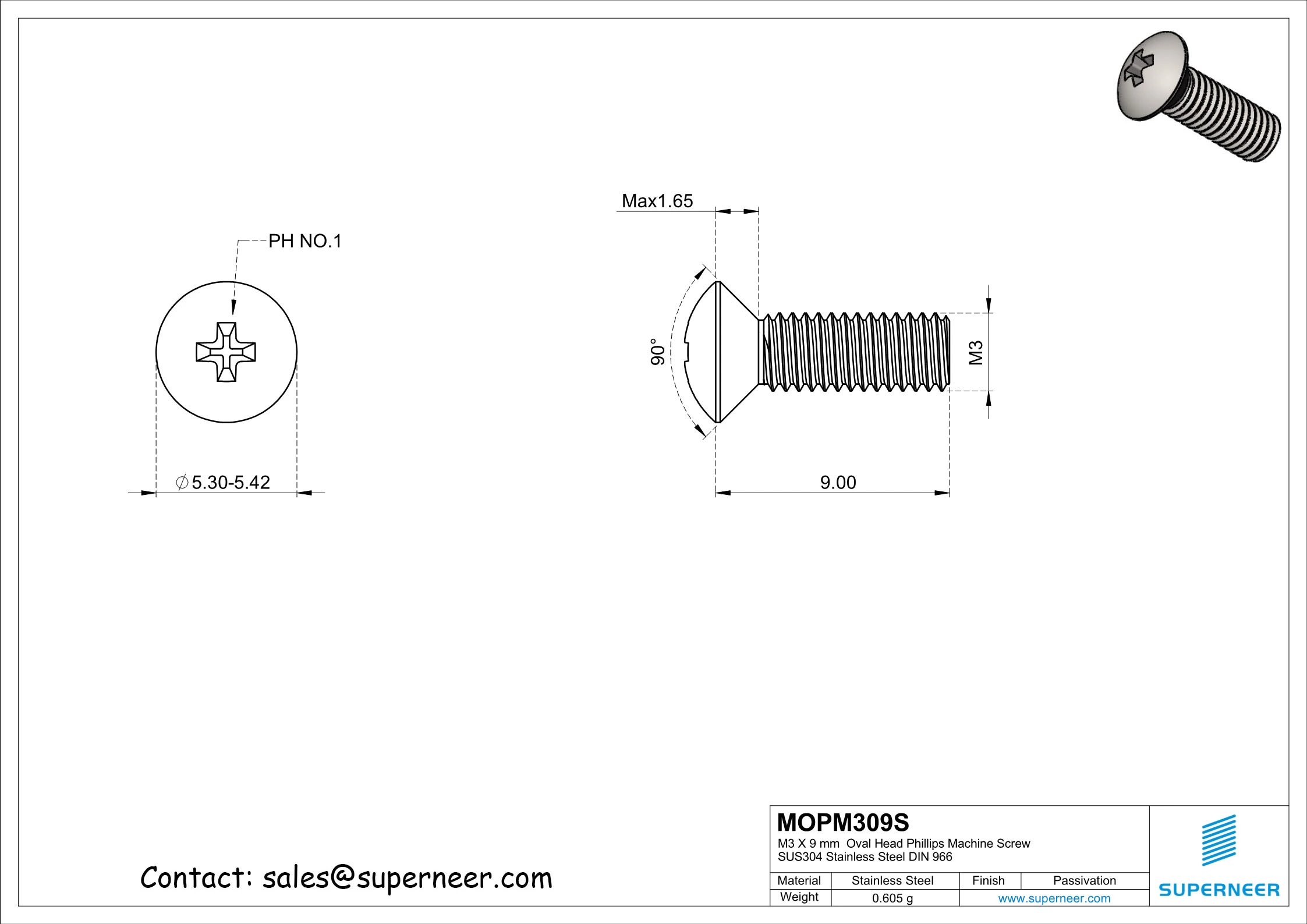 M3 x 9 mm  Oval Head Phillips Machine Screw SUS304 Stainless Steel Inox DIN 966